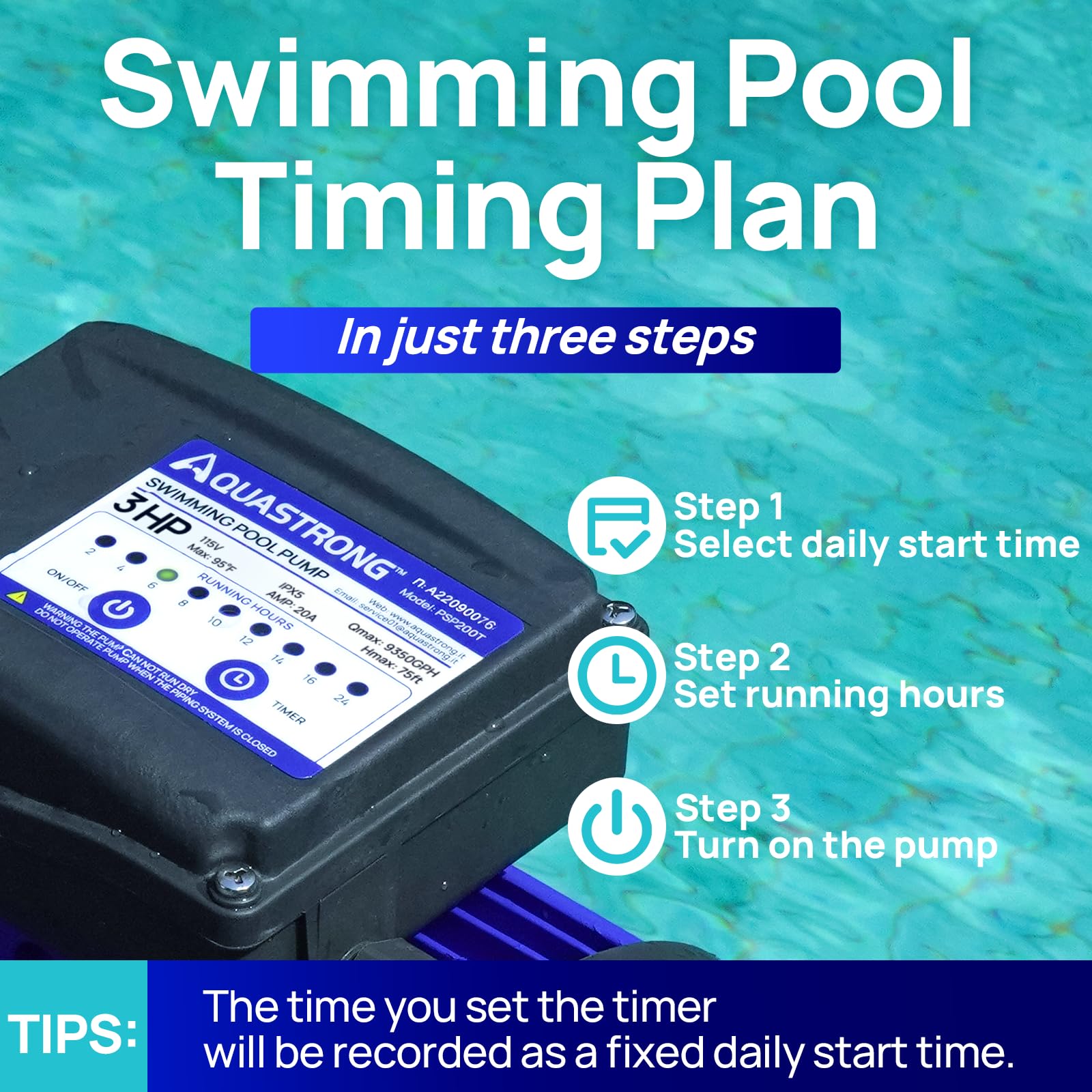 AQUASTRONG 3HP In-Ground & Above Ground Pool Pump with Timer - 115V High Flow (9017GPH) Self-Priming Swimming Pool Pump with Filter Basket - Perfect for Backyard Pools, Spas & Water Circulation Systems