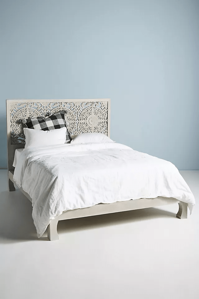 Hand Carved Low Lombok Bed in Gray Color | Indian Bed Design | Perfect for Boho, Coastal & Farmhouse Bedrooms