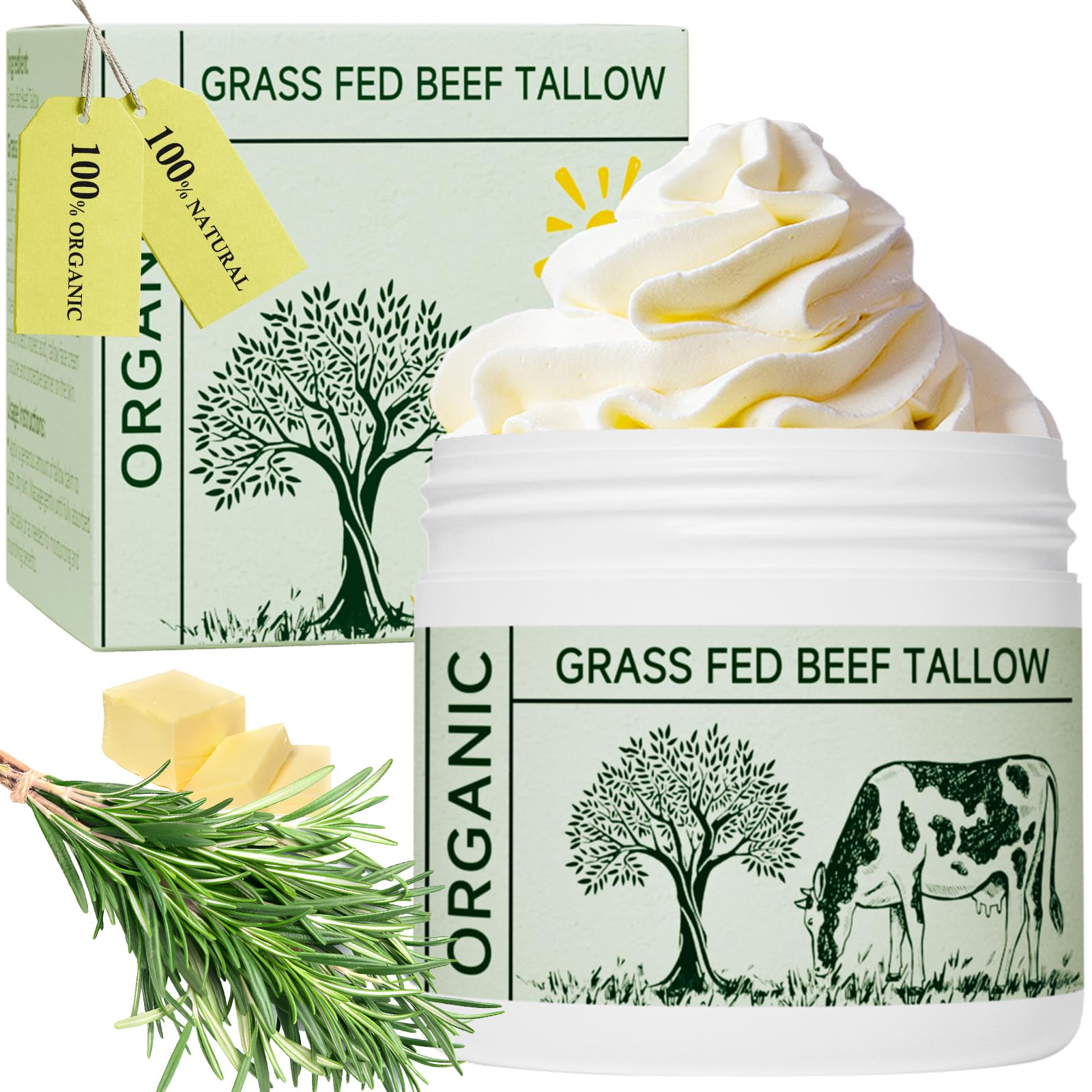 Grass-Fed Whipped Beef Tallow Balm - Unscented Face Moisturizer & Body Lotion for Dry Skin | Nourishing, Soothing Skin Care | Perfect for Daily Hydration, Eczema Relief & Natural Skincare Routine