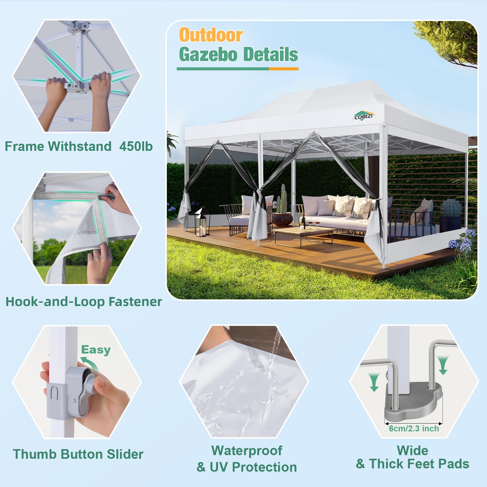 COBIZI 10x20 Heavy Duty Pop Up Canopy Tent with Waterproof Sidewalls & Mosquito Netting - Easy Setup Instant Shelter with Carry Bag for Outdoor Weddings, Parties, Camping & Backyard Events (White)