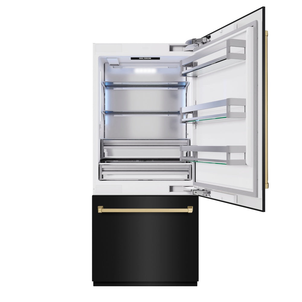 ZLINE Autograph Edition 36 Inch Built-In Bottom Freezer Refrigerator - 19.8 cu.ft Capacity, Black Stainless Steel with Champagne Bronze Accents, Water Dispenser & Ice Maker - Perfect for Modern Kitchens & Open Concept Homes (Model RBITZ BS 36 CB)