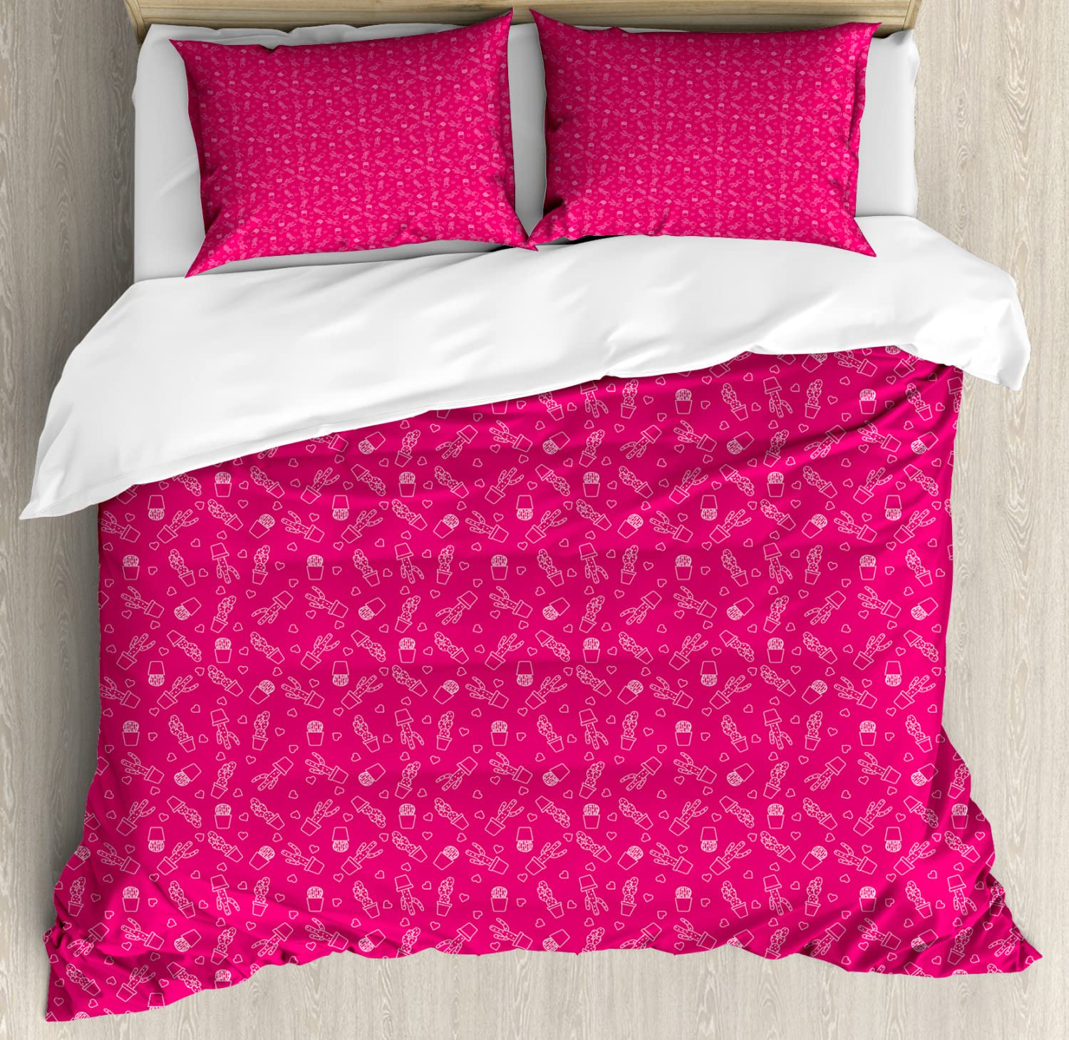Ambesonne Cactus Print Duvet Cover Set - Hand Drawn Hearts & Pots Valentine's Day Theme Bedding | 2 Twin Size Duvet Covers & 2 Pillowcases (Magenta/White) | Perfect for Valentine's Gifts, Dorm Room Decor & Bohemian Bedroom Style