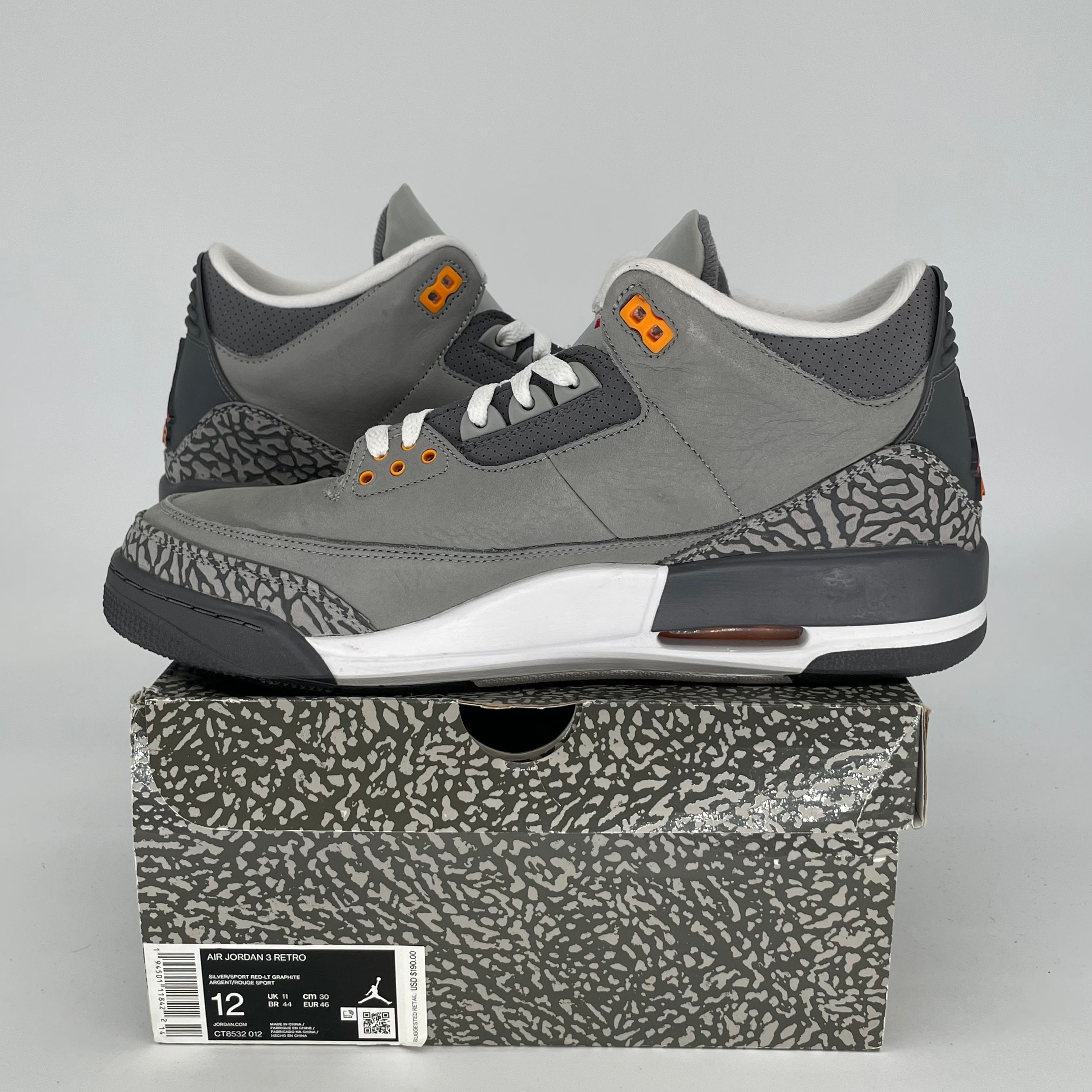 AIR JORDAN 3 Retro Cool Grey Men's Basketball Shoes Size 12 (CT8532-012) - Perfect for Streetwear, Sneaker Collecting & Casual Wear