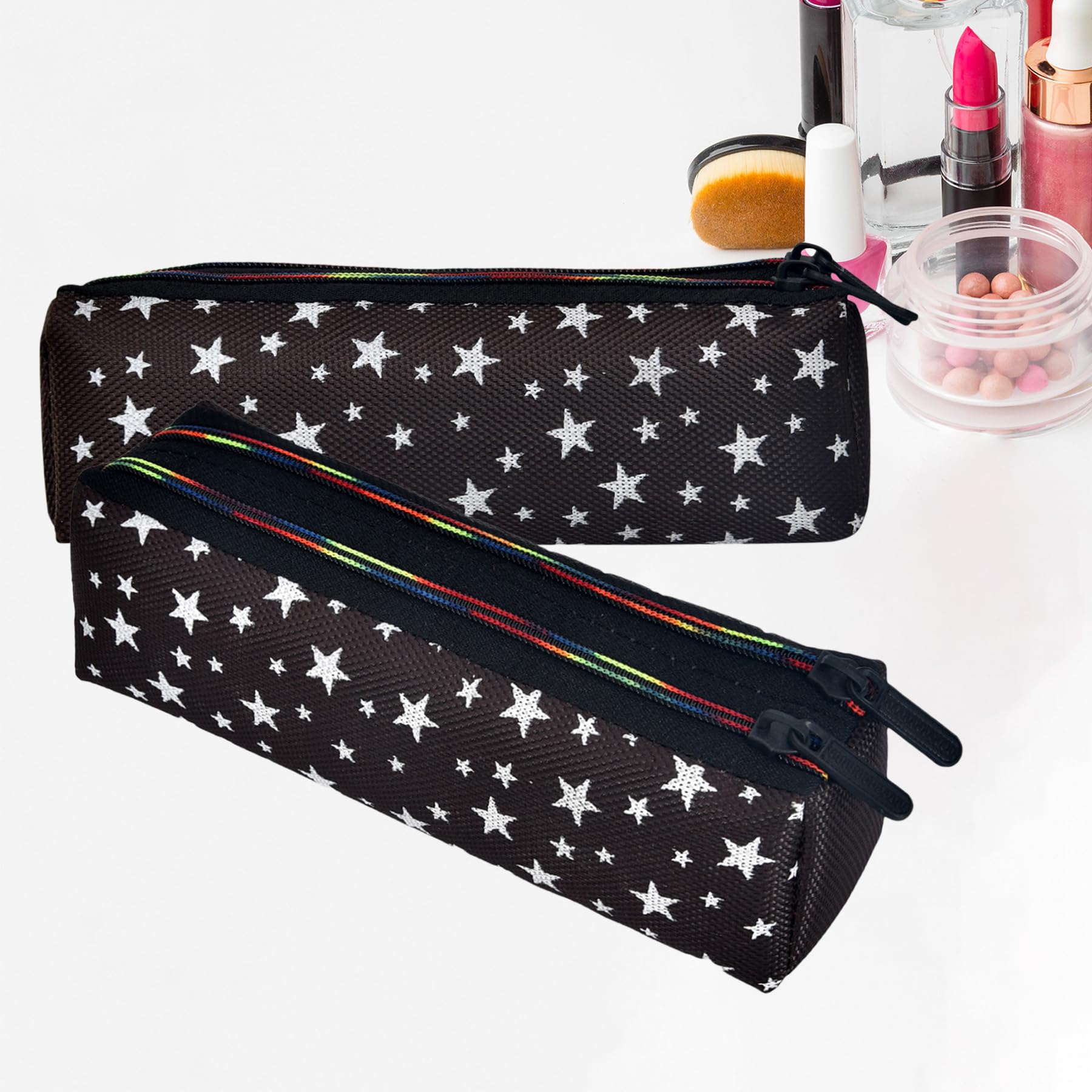 Kuber Industries Makeup Pouch & Cosmetic Bag for Women - Waterproof Travel Toiletry Organizer with Star Design - Jewelry Storage Case - Pack of 2 Black (Perfect for Travel, Gym, and Daily Use)