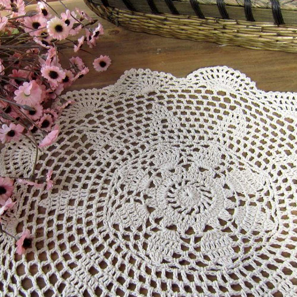 Handmade Cotton Crochet Lace Round Table Runner - 15 Inch Beige Doily Tablecloth for Dining Room, Coffee Table & Dresser Scarf Decor