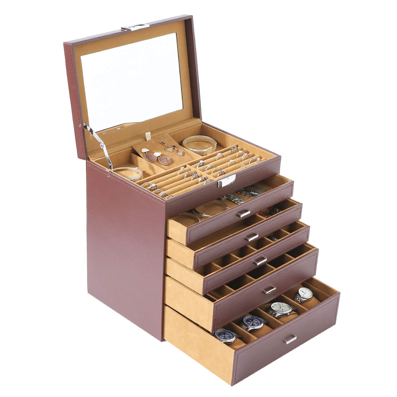 5-Tier Luxury Jewelry Organizer Box with Mirror - Perfect for Necklaces, Earrings, Bracelets, Watches & Sunglasses - Elegant Brown Storage Case for Dresser, Vanity & Travel