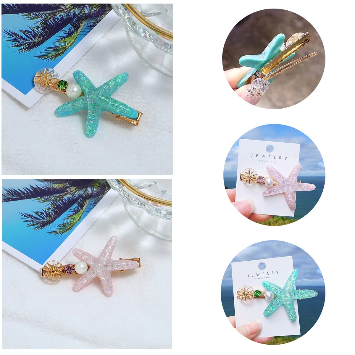 6Pcs Artificial Shell Pearl Starfish Hair Clips for Women - Elegant Hair Accessories Set with Super Flash Edge for Bangs, Parties, Weddings & Beach Occasions