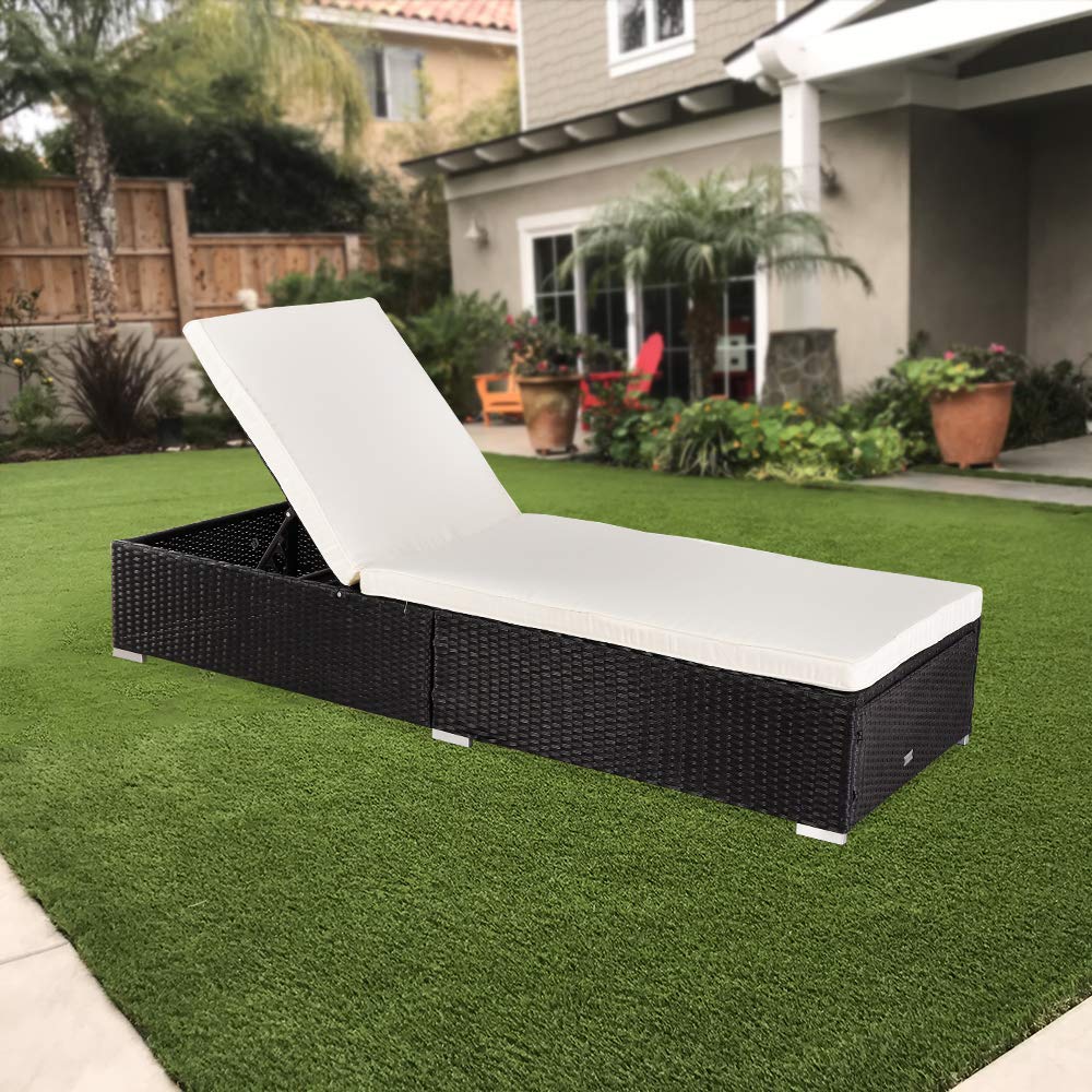 **Adjustable Black Rattan Chaise Lounge Chair with Cushions - Outdoor Wicker Sunbed for Poolside, Beach, Deck & Backyard - Patio Recliner with Lay Flat Feature**    *(Perfect for Relaxing by the Pool, Sunbathing, or Lounging in Your Garden or Outdoor Space)*