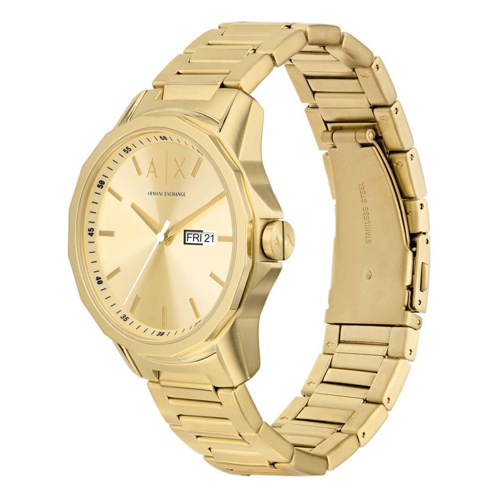 Armani Exchange Men's Watch AX1734 - 44MM Gold Recycled Stainless Steel Case (50% Recycled), Stainless Steel Band, Three-Hand Movement | Perfect for Business, Casual Wear & Gift Giving