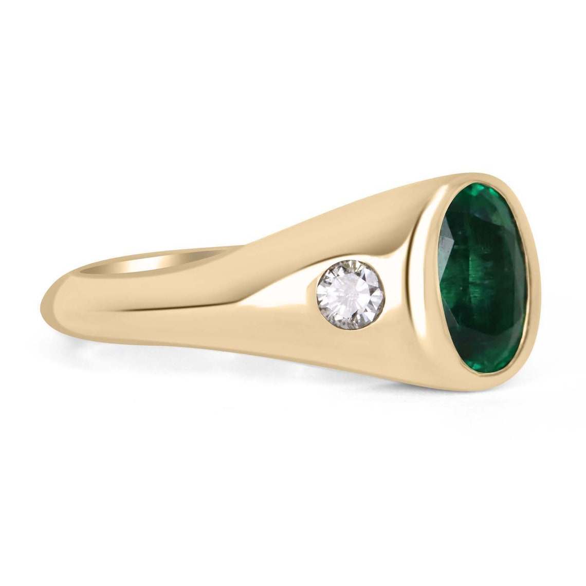 2.21tcw Three Stone Natural Vivid Green Oval Emerald & Diamond Men's Ring in 14K Gold - Perfect for Weddings, Engagements & Anniversary Gifts