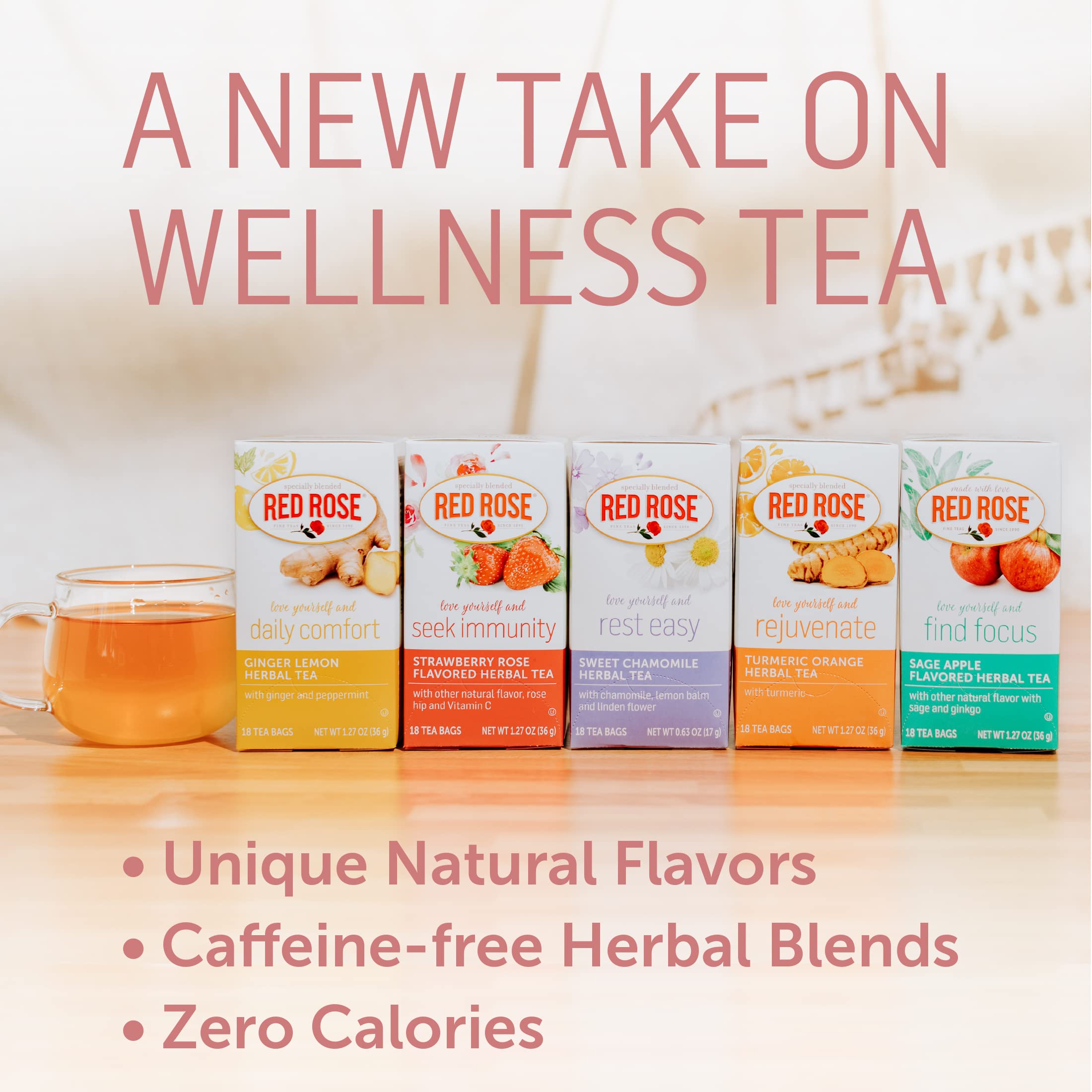 Organic Red Rose & Chamomile Herbal Tea - Caffeine Free, Supports Digestion - 18 Individually Wrapped Tea Bags (Pack of 6) - Perfect for Relaxation, Stress Relief & After-Meal Wellness