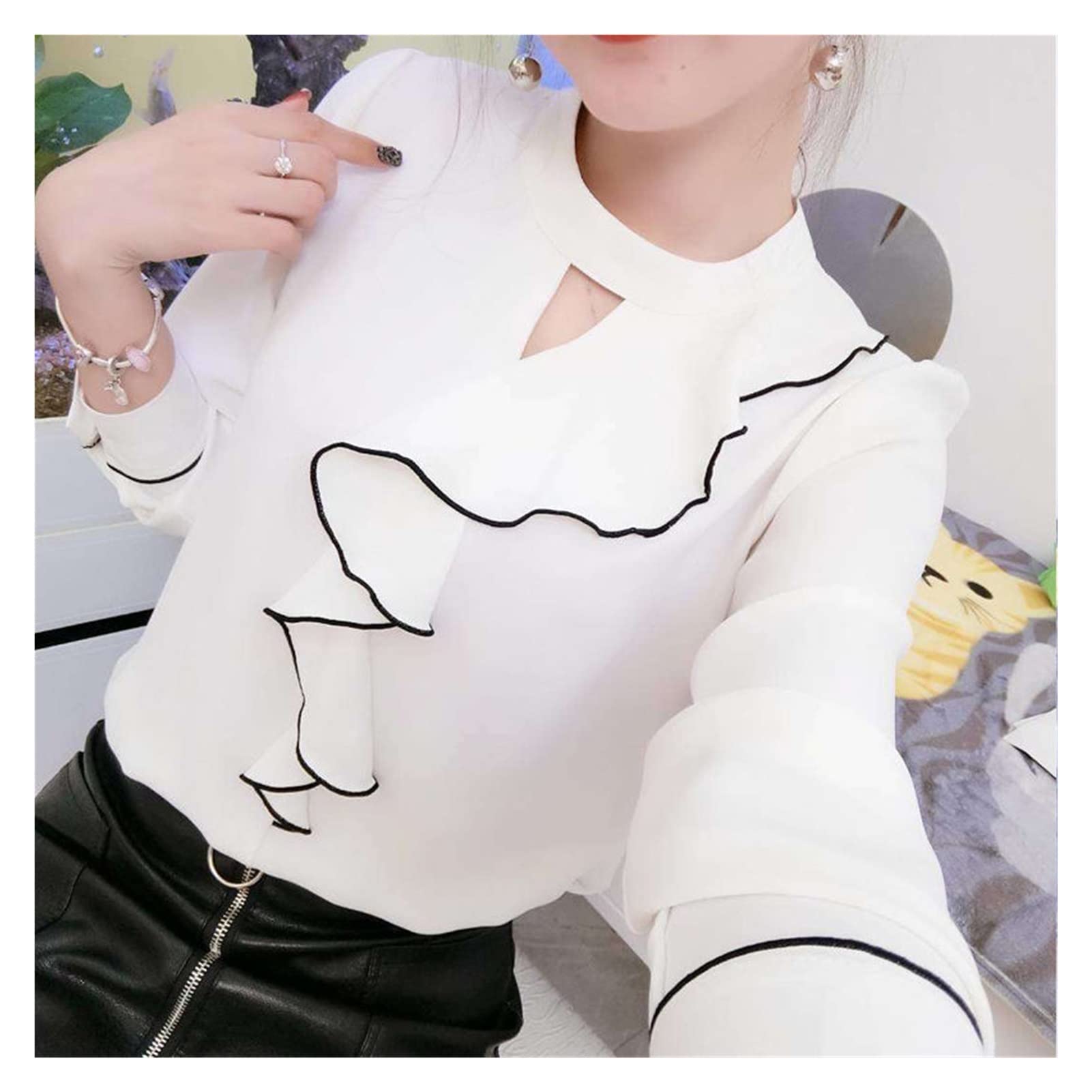 Elegant Long Sleeve Ruffled Chiffon Blouse for Women - Flowy Office & Casual Shirt with O-Neck Design (D Color, XXXL Size) | Perfect for Spring Workwear, Date Nights & Special Occasions