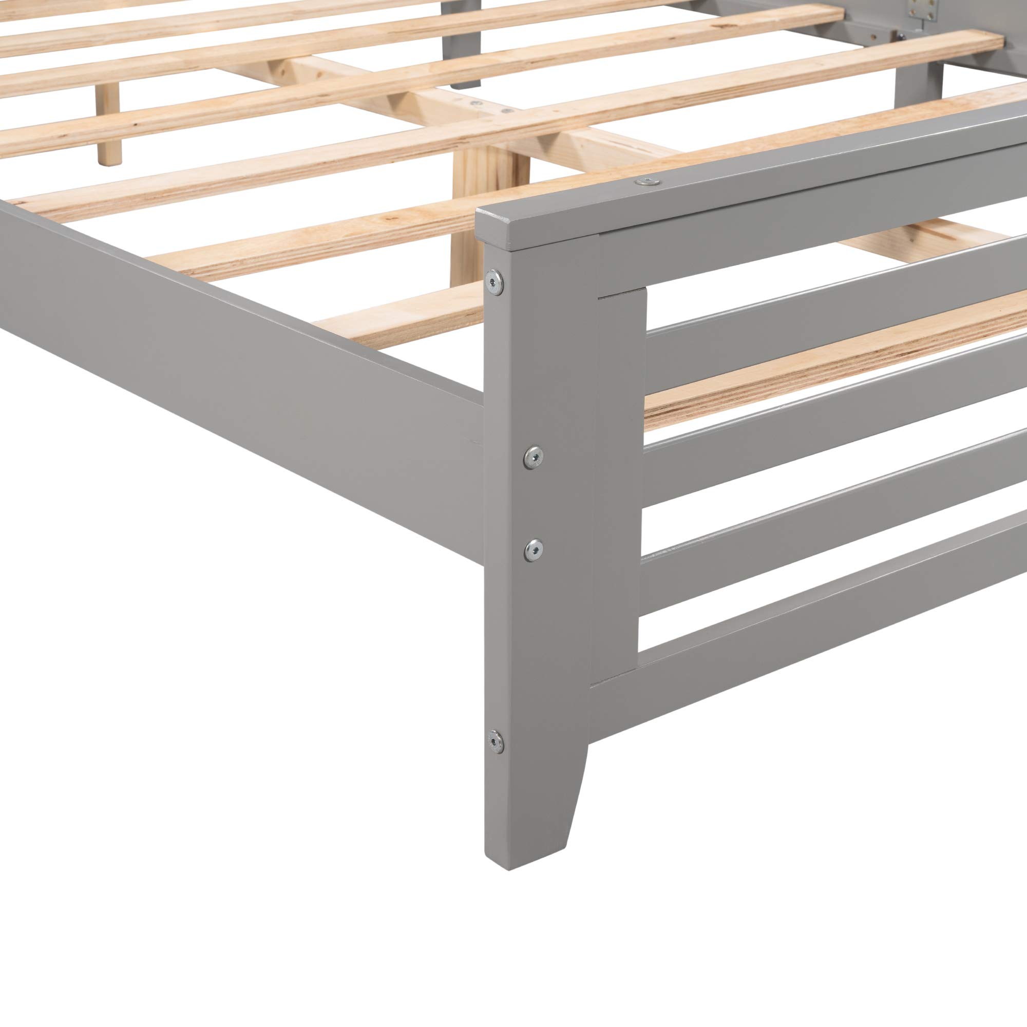 KLMM Solid Wood Platform Bed Frame with Headboard & Footboard - Queen Size, Gray - Heavy Duty Center Support & Wood Slats for Mattress - Easy Assembly for Bedroom, Guest Room, Dorm