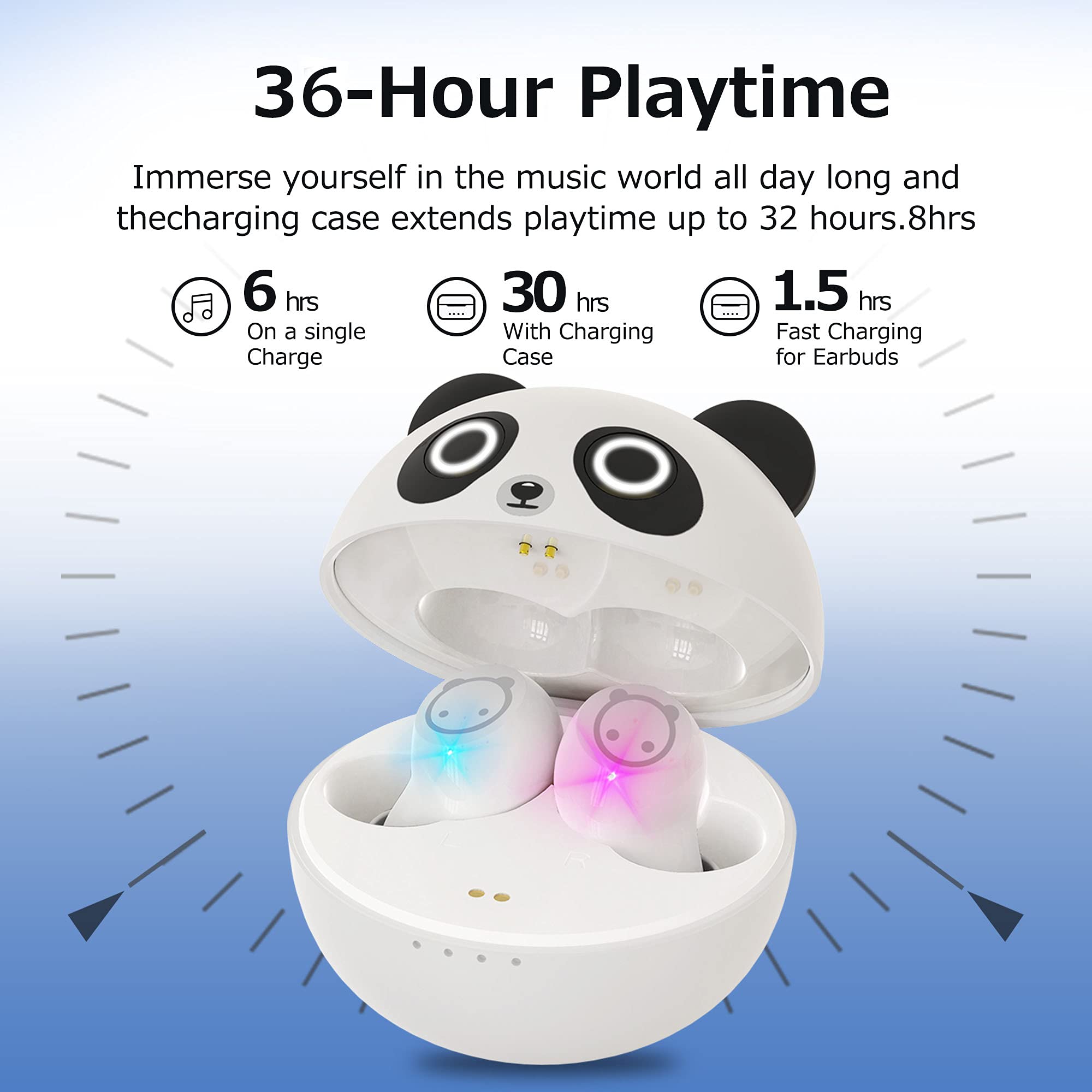 Cute Panda Bluetooth Earbuds for Kids - 36H Playtime, IPX6 Waterproof, Great for Sports & School