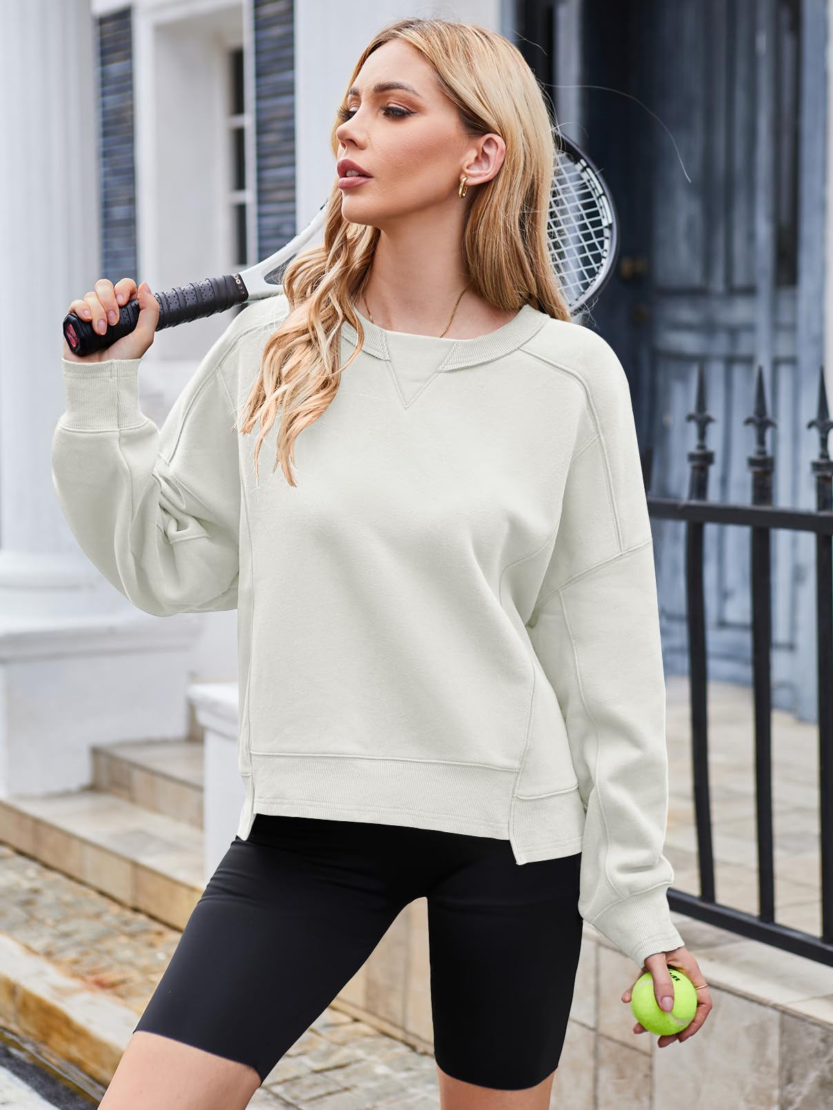 MEROKEETY Women's Oversized Cropped Fleece Sweatshirt - Soft Crewneck Pullover for Workout & Fall Fashion | Casual Loungewear, Streetwear & Cozy Autumn Outfits