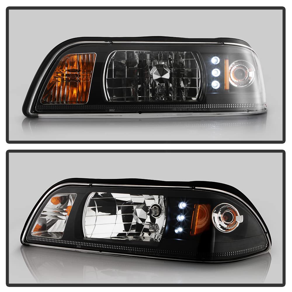 ACANII Black Housing LED Strip Headlights with Corner Signal & Parking Lamp for 1987-1993 Ford Mustang - Left & Right Pair - Upgrade Your Ride for Night Driving & Show Car Style
