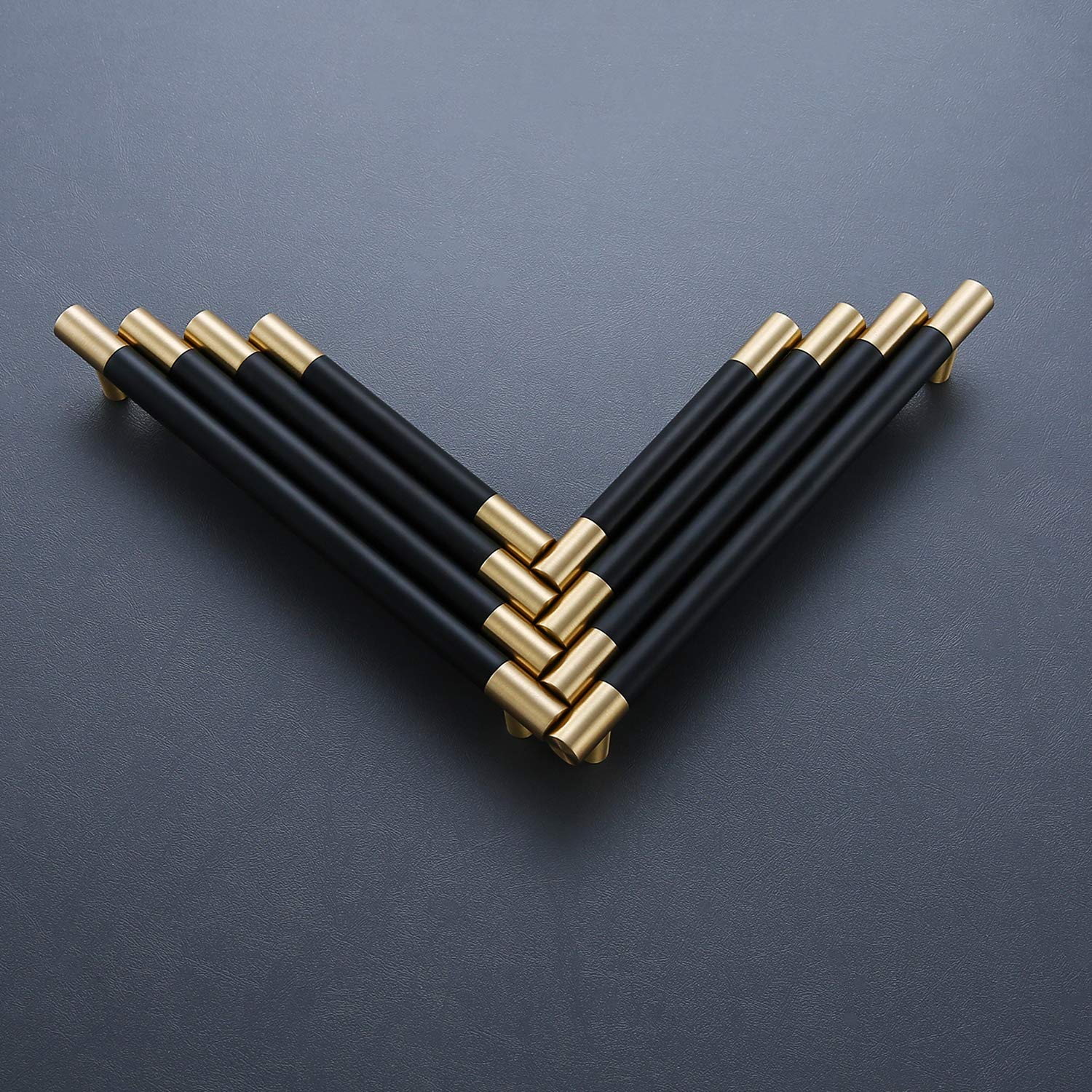 5 Pack Brushed Satin Gold/Brass Cabinet Handles with Matte Black Electroplated Finish - 7.3