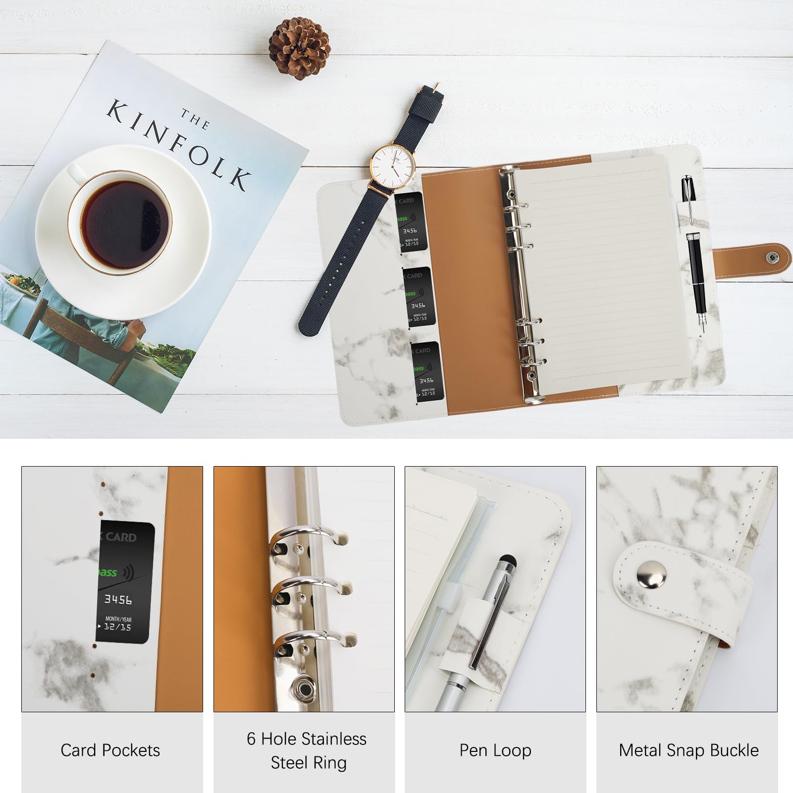 Colorlife A5 PU Leather 6-Ring Binder Notebook with Refillable Paper & Magnetic Closure - Marble White | Perfect for Office, School, Planner & Journal Organizing