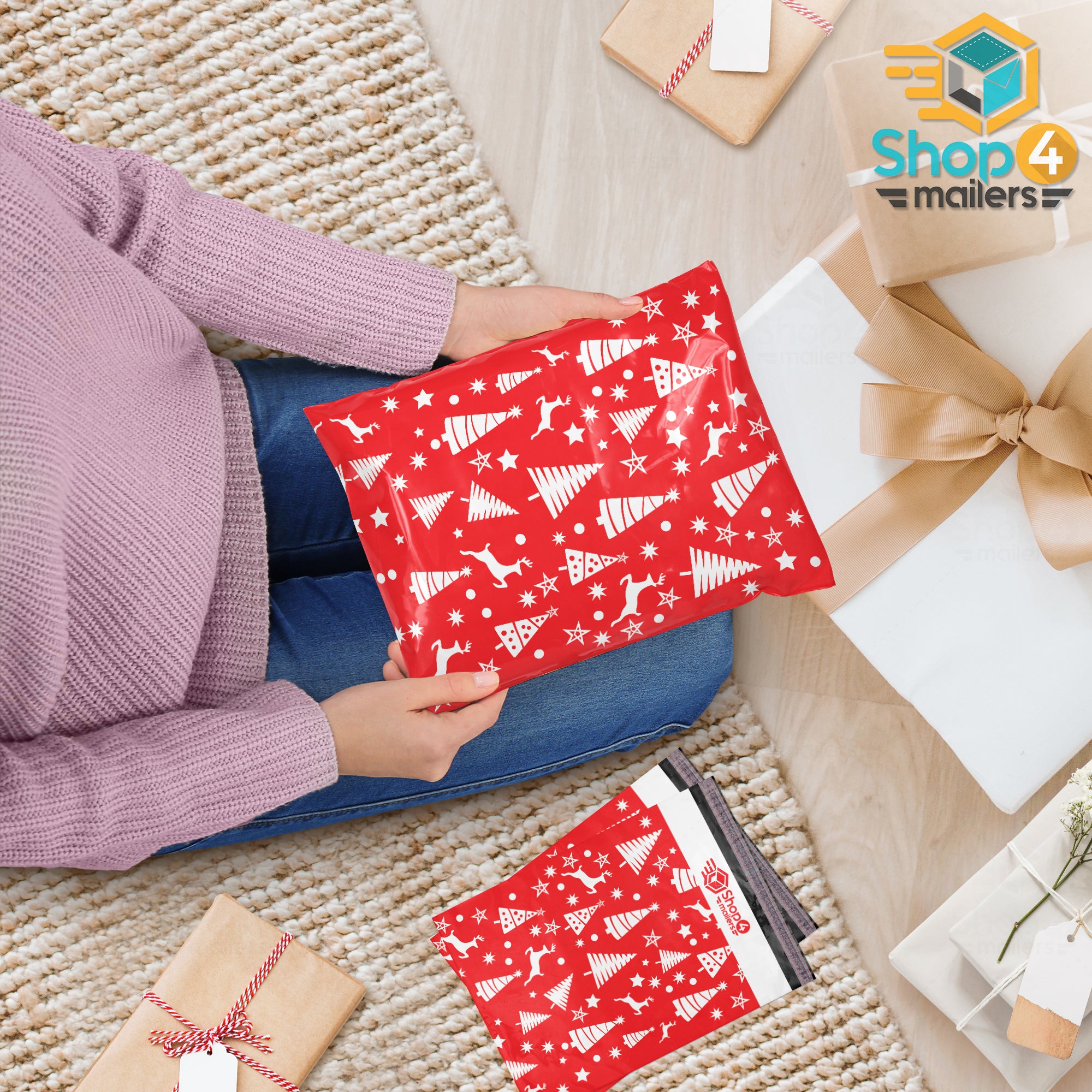 Shop4Mailers 10x13 Inch Christmas Tree Themed Red & White Holiday Poly Mailer Envelopes - 2 Mil Thick Shipping Bags for Seasonal Gifts, Greeting Cards & Ecommerce Packaging
