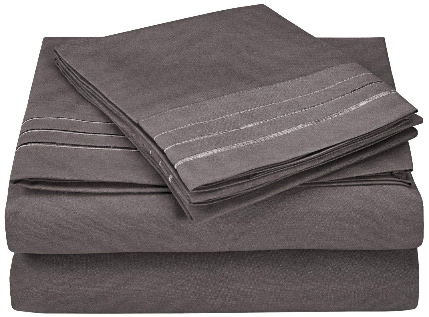 GoLinens 3-Line Embroidery Luxury Bed Sheet Set - Ultra Soft, Wrinkle-Free California King Size, Silver - Perfect for Master Bedroom, Guest Room & Hotel Decor