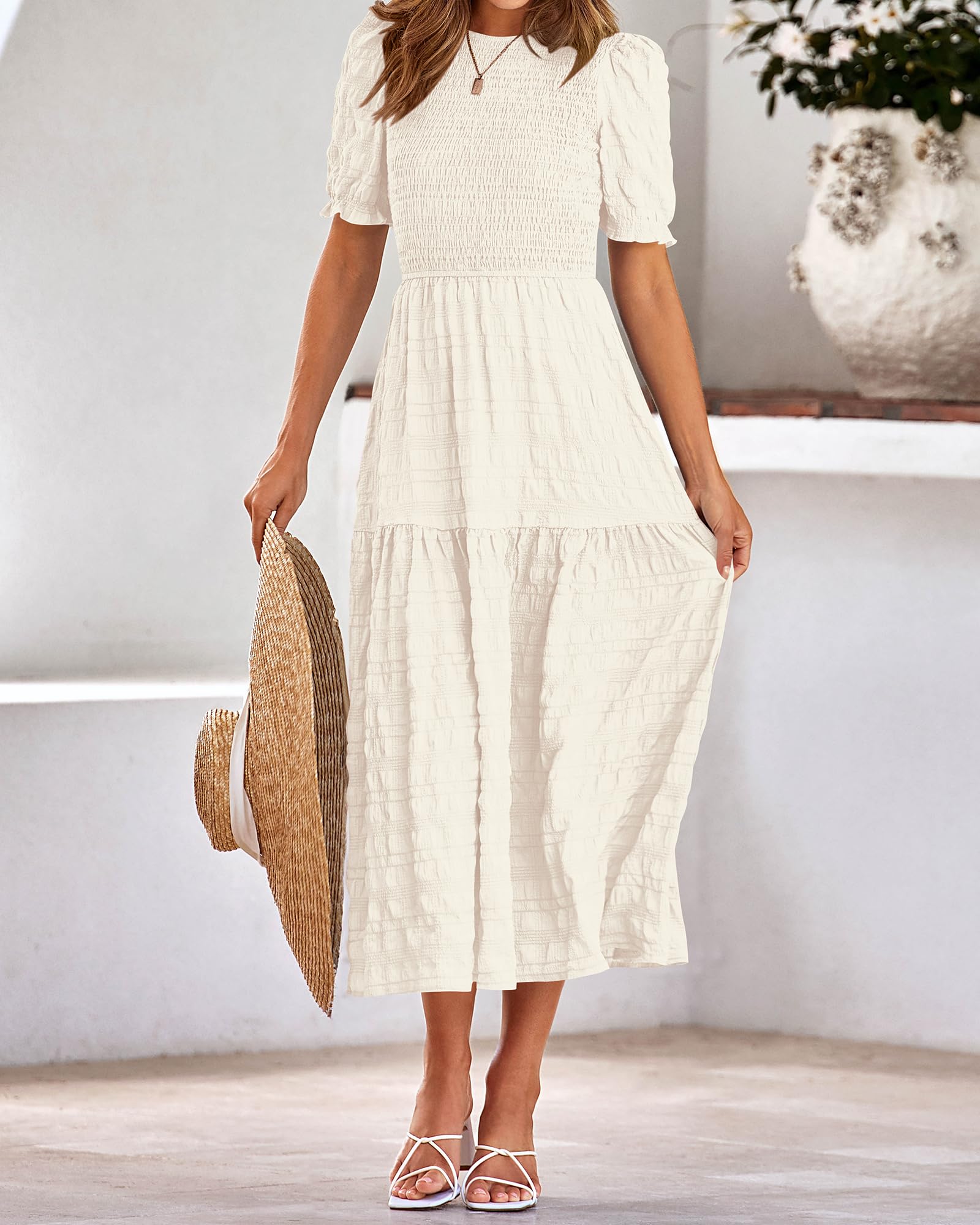 Dowerme Women's Summer Dresses 2025 - Casual Puff Short Sleeve Crewneck Smocked Flowy Ruffle Boho Maxi Sundress for Beach, Party & Vacation | Lightweight Breathable Fabric for Hot Weather