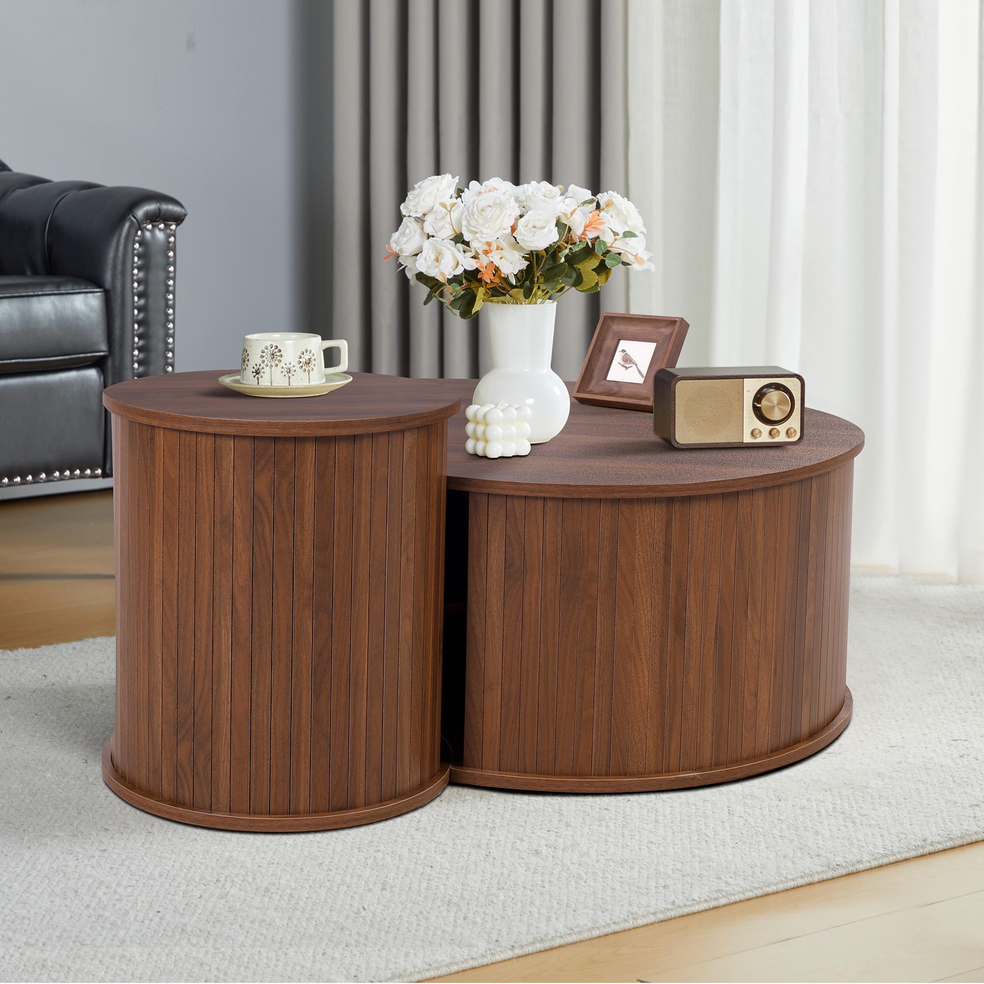 Round Wooden Nesting Coffee Table Set of 2 - Walnut Finish Circle Side Tables for Living Room, Office & Balcony | Perfect for Small Spaces, Home Decor & Coffee Time