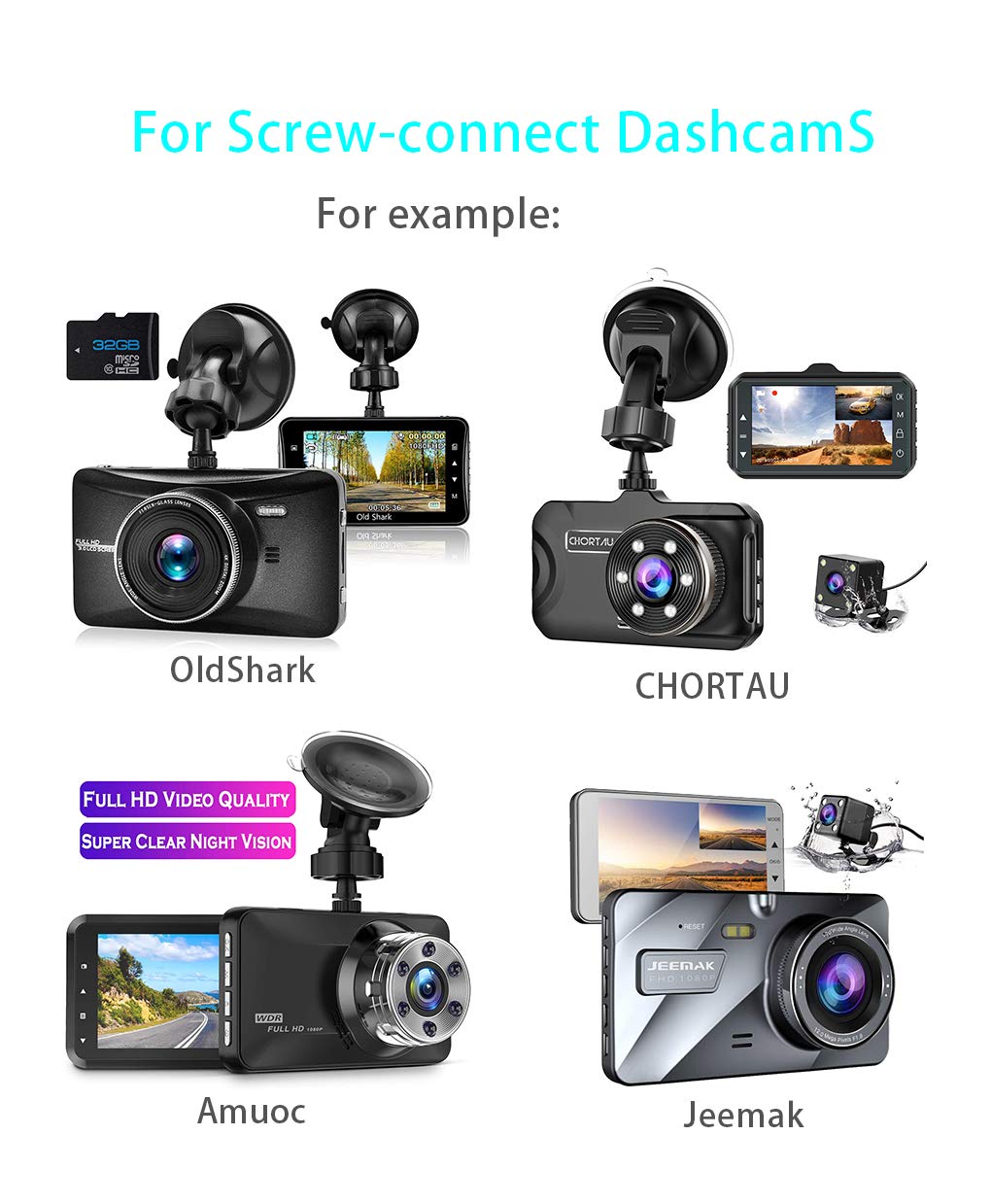 Oldshark Amuoc Jeemak Chortau Dash Cam Suction Cup Mount - 2 Pack, Strong Suction Power Car DVR Holder for Screw-Connect Dashcams, Heat Resistant & Easy to Install/Remove - Perfect for Road Trips, Uber/Lyft Drivers & Fleet Vehicles