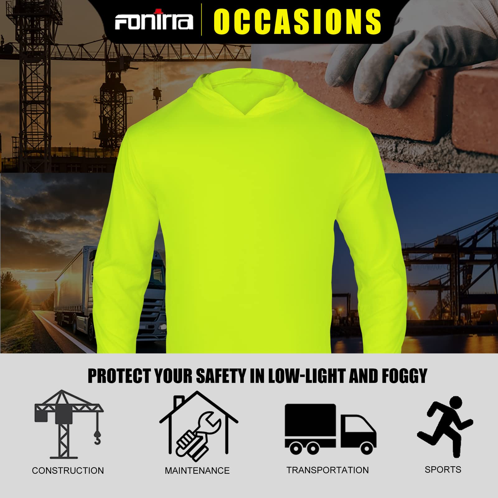 FONIRRA High Visibility Safety Long Sleeve T-Shirts for Men - 3 Pack Reflective Work Shirts with Hood - Ideal for Construction, Road Work & Nighttime Safety