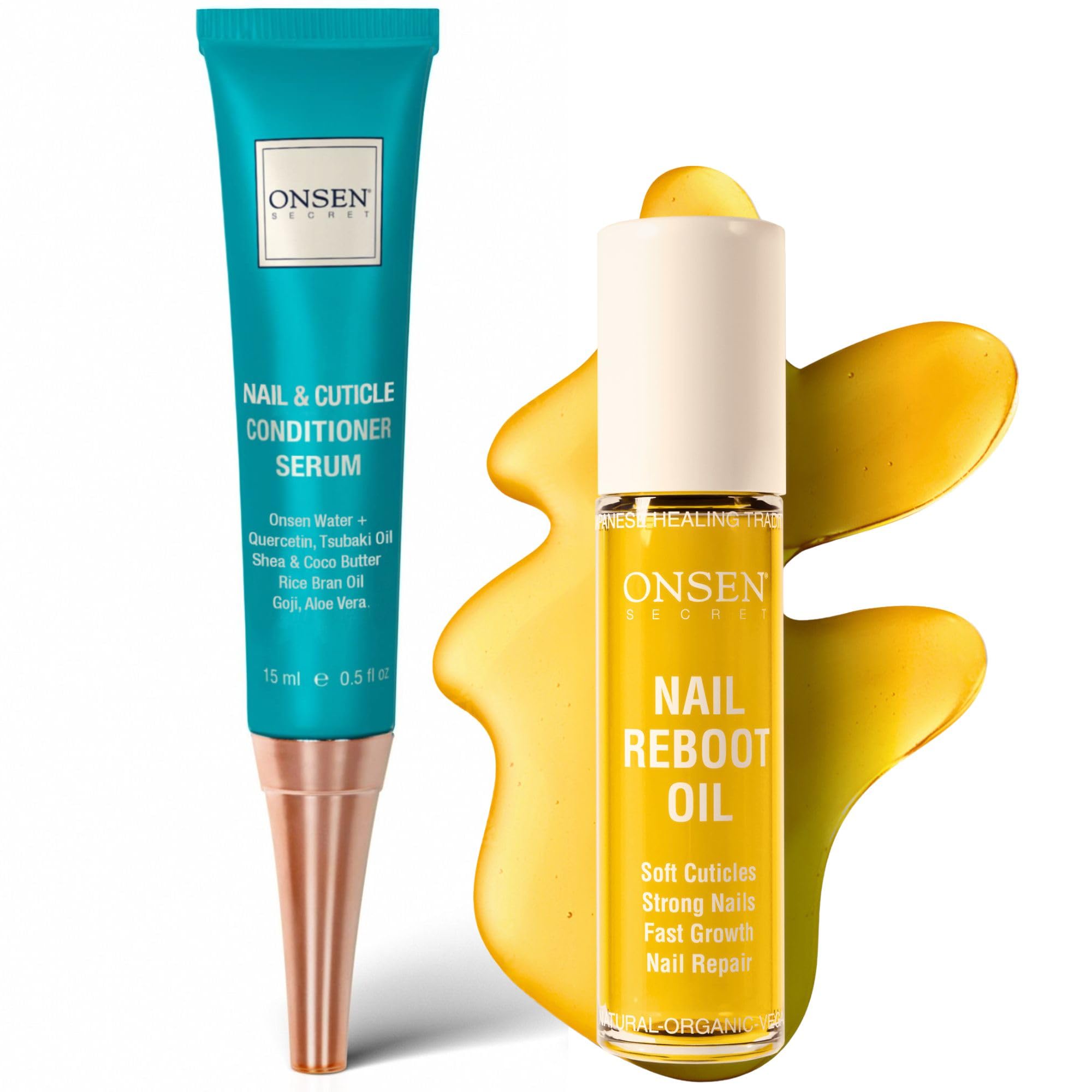 Onsen Secret Nail Reboot Duo Set - Natural Nail Treatment & Cuticle Repair Cream for Damaged Nails - 15ml Cuticle Conditioner & 10ml Nail Reboot Oil - Visible Results for Strong Healthy Nails - Perfect for Home Manicures & Nail Care Routine