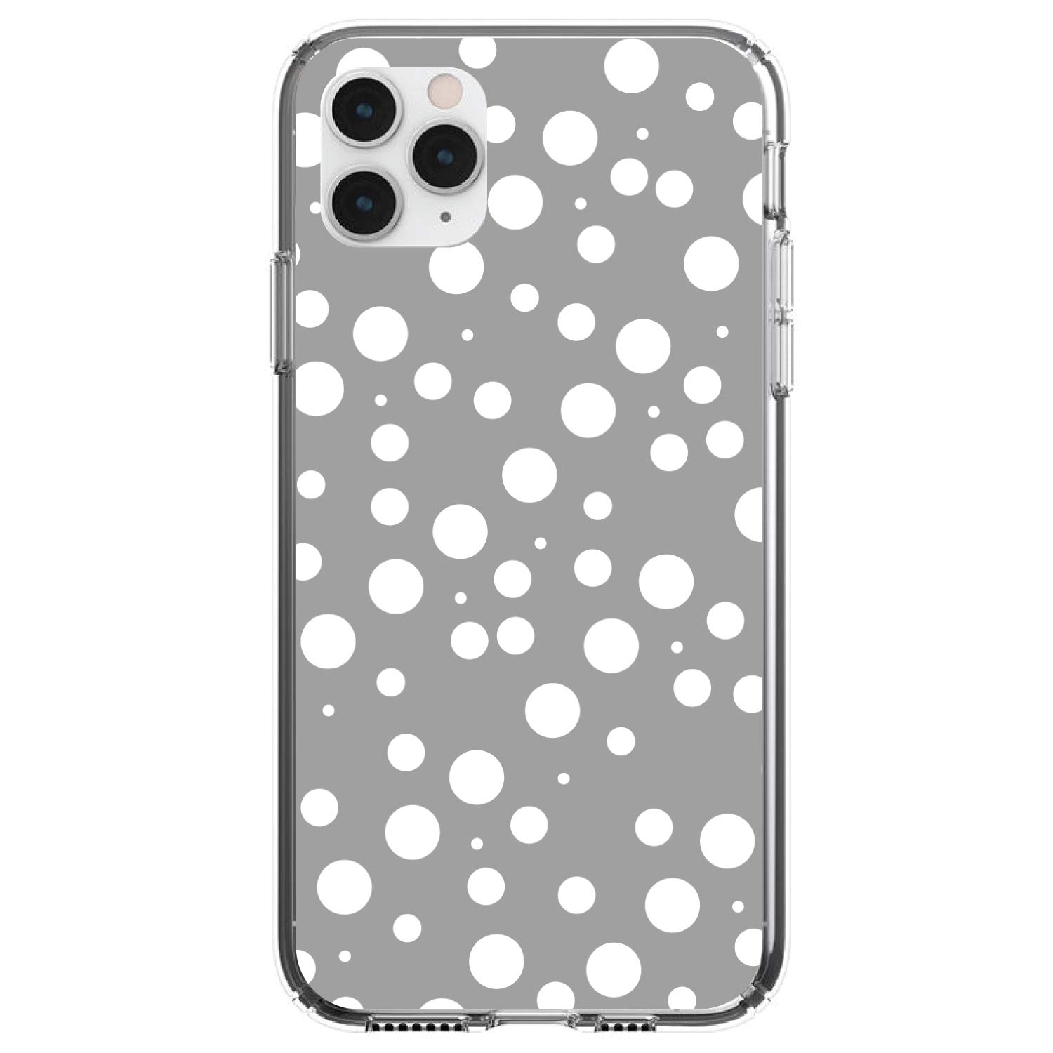 Shockproof Hybrid Case for iPhone 11 Pro Max (6.5 Inch) - Clear TPU Bumper with Acrylic Back & Tempered Glass Screen Protector - Grey White Polka Dot Design - Perfect for Daily Use, Travel & Work Protection
