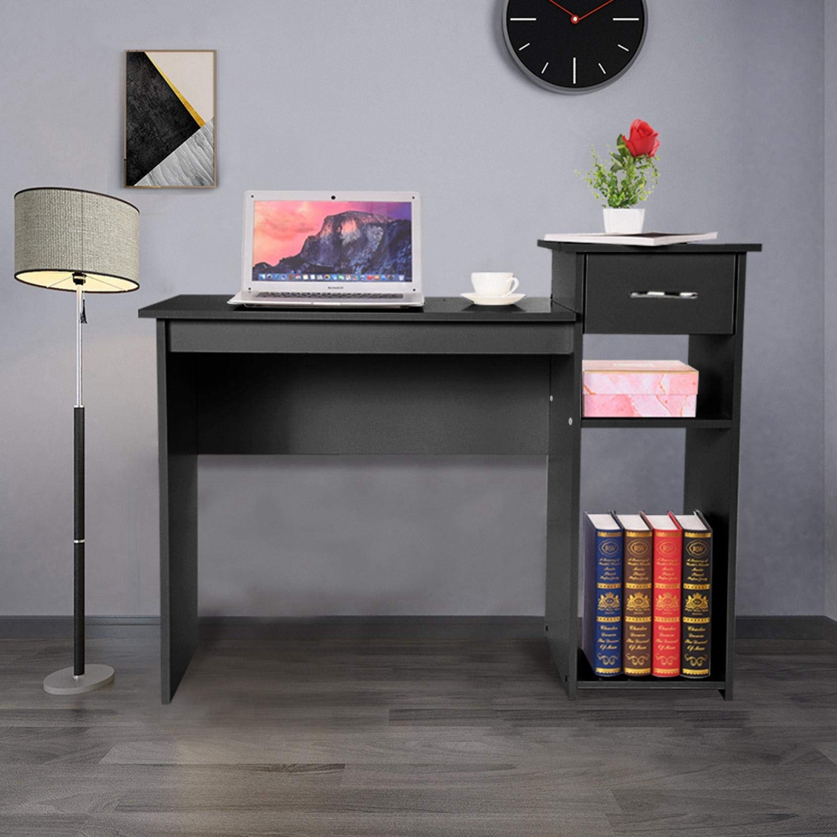 Modern Minimalist Home Office Desk with Drawers - Black Small Computer Desk for Dormitory, Study & Workspace - Compact Writing Table for Laptop & PC Use in Small Spaces