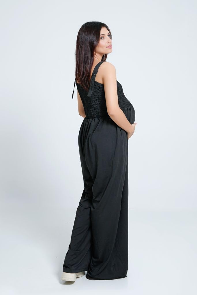 Women's Maternity Jumpsuit - Smocked Boho Overalls for Pregnancy & Postpartum | Comfortable Casual Jumper Dress | Black | Perfect for Everyday Wear, Baby Showers & Nursing