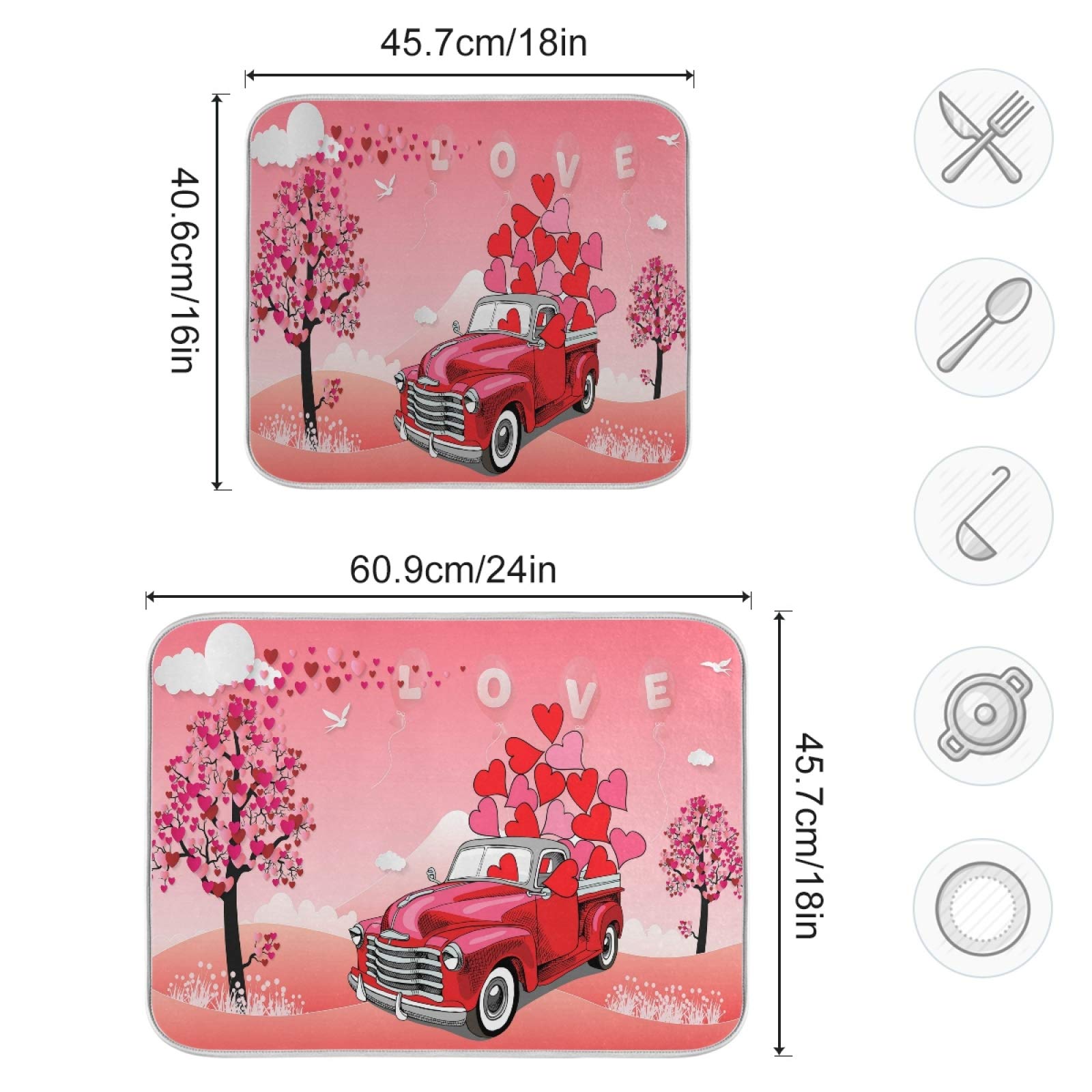 Valentine's Day Dish Drying Mat 16x18 Inch - Red Car Design for Kitchen Countertop | Perfect for Romantic Kitchen Decor