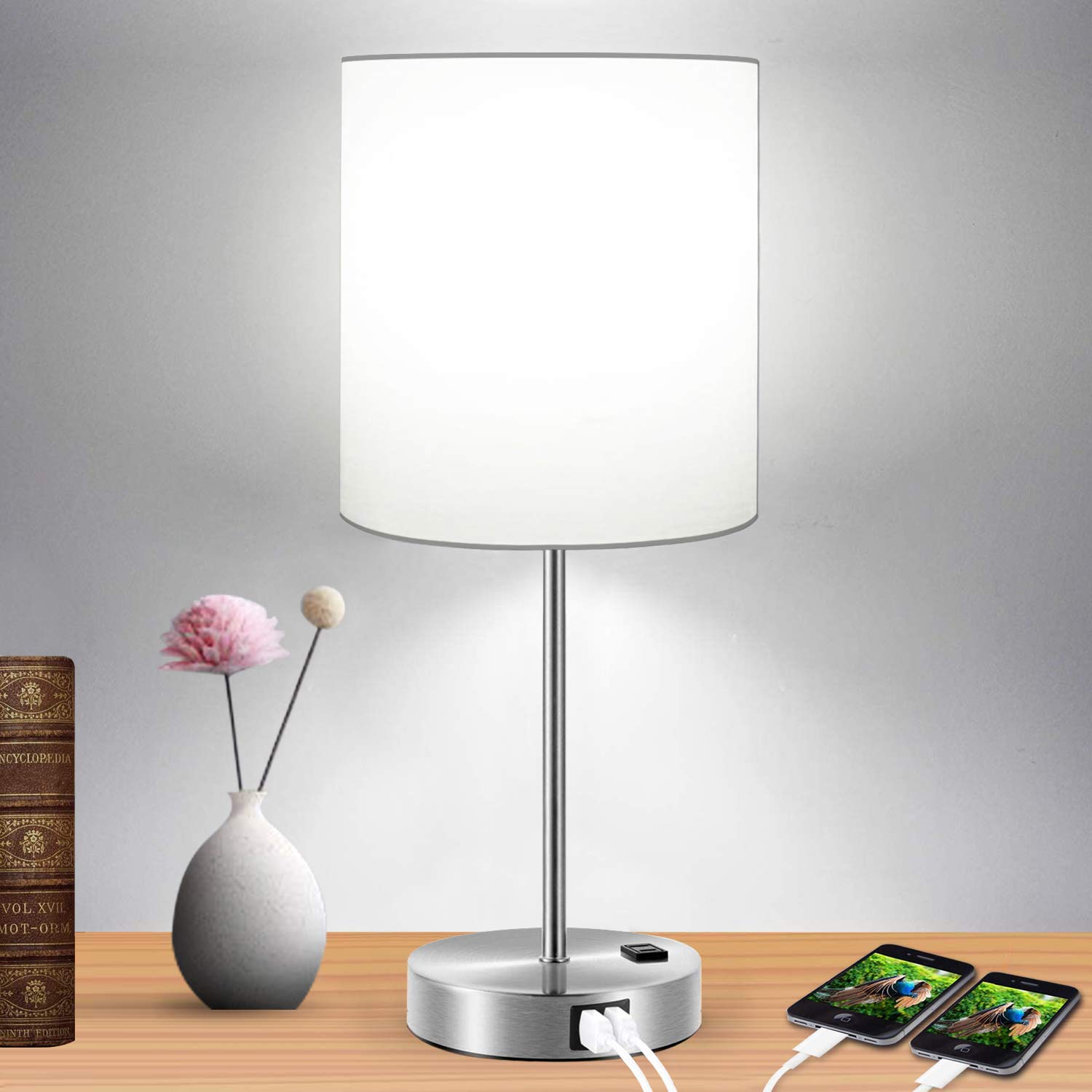 3-Way Dimmable Touch Control Table Lamp with 2 USB Charging Ports & Power Outlet - Bedside Nightstand Lamp for Bedroom, Living Room, Office (Includes Daylight White Bulb) | Perfect for Reading, Working & Charging Devices