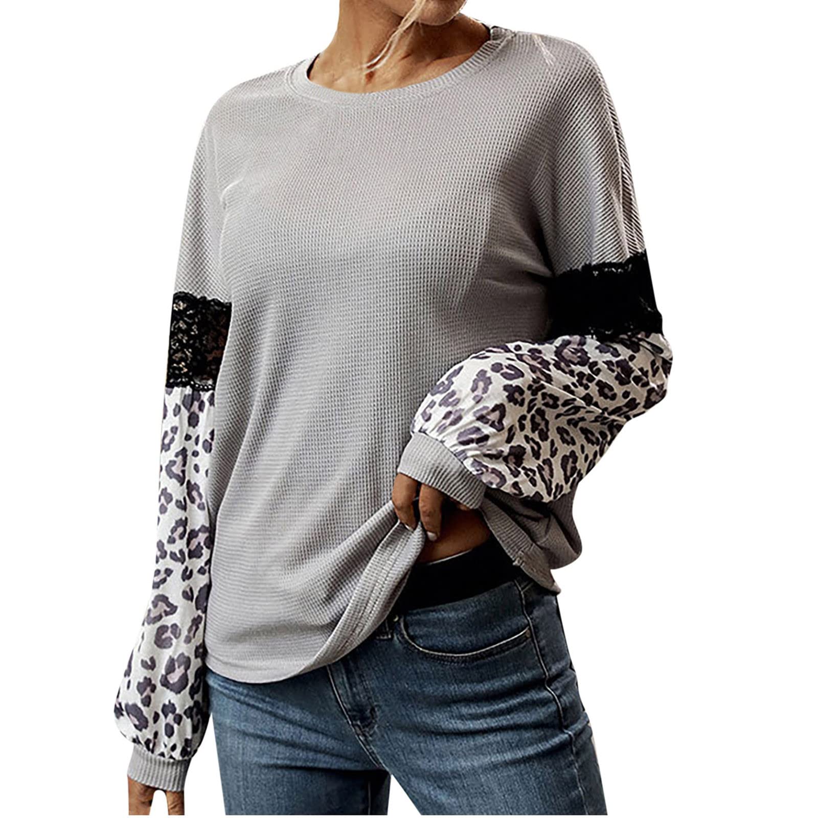 Women's Autumn Casual Leopard Print Lace Patchwork Long Sleeve T-Shirt - Fashion Loose Waffle Pullover Top for Fall Outfits & Layering
