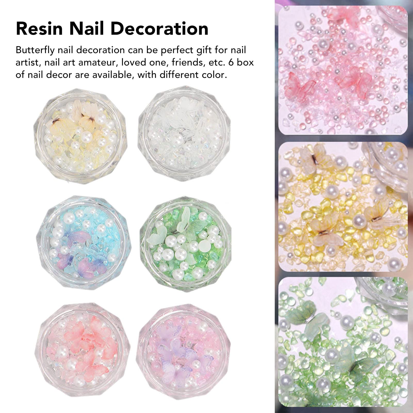 3D Resin Butterfly Nail Art Decorations Set - 6 Boxes of Exquisite Faux Pearl & Rhinestone Nail Decor for Wedding, Party & Special Occasion Nail Designs
