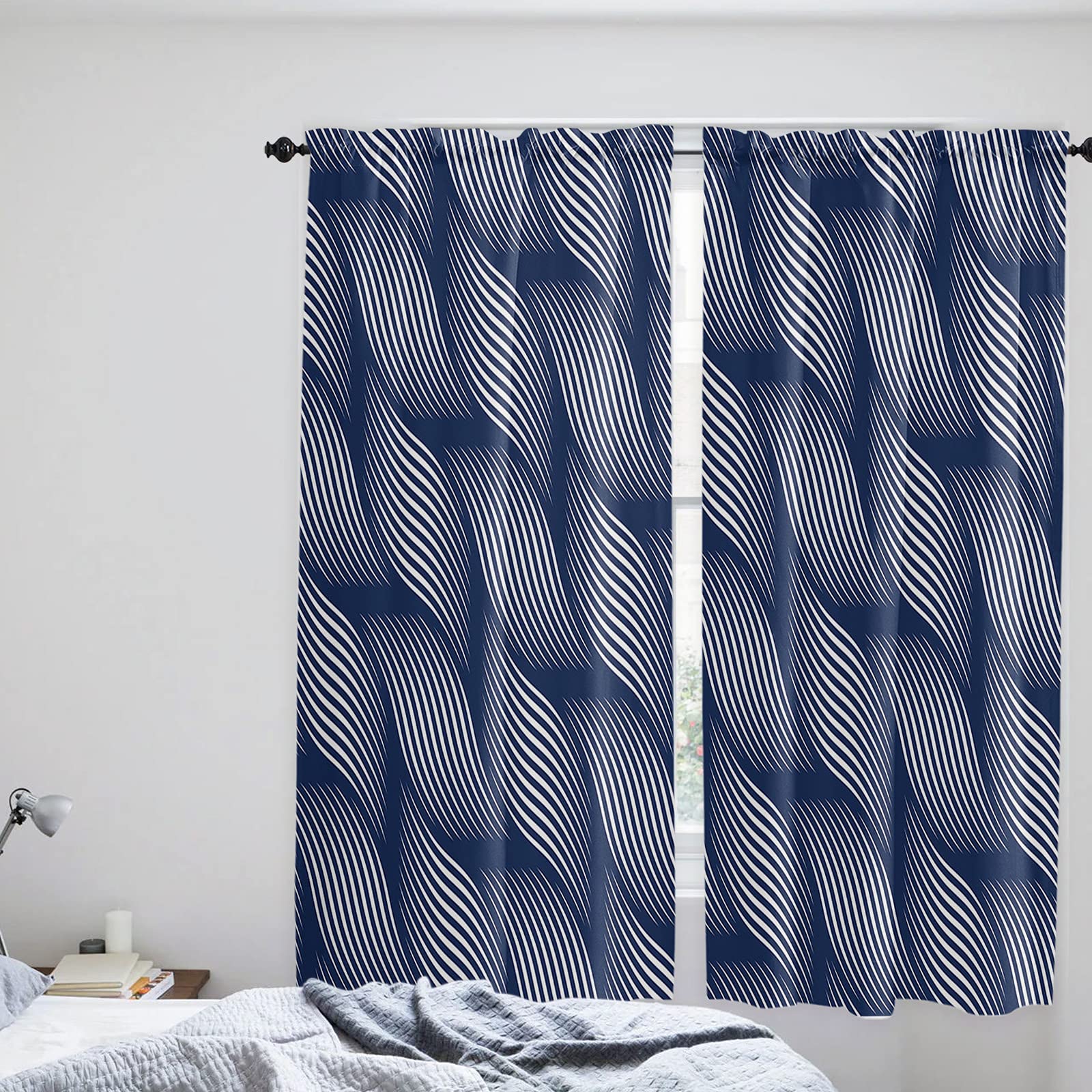 72 Inch Abstract Wave Blue Geometric Stripe Kitchen Curtains - 2 Panel Window Drapes with Rod Pocket for Cafe & Living Room - Modern Floral Line Window Treatment for Home Decor & Restaurant Style