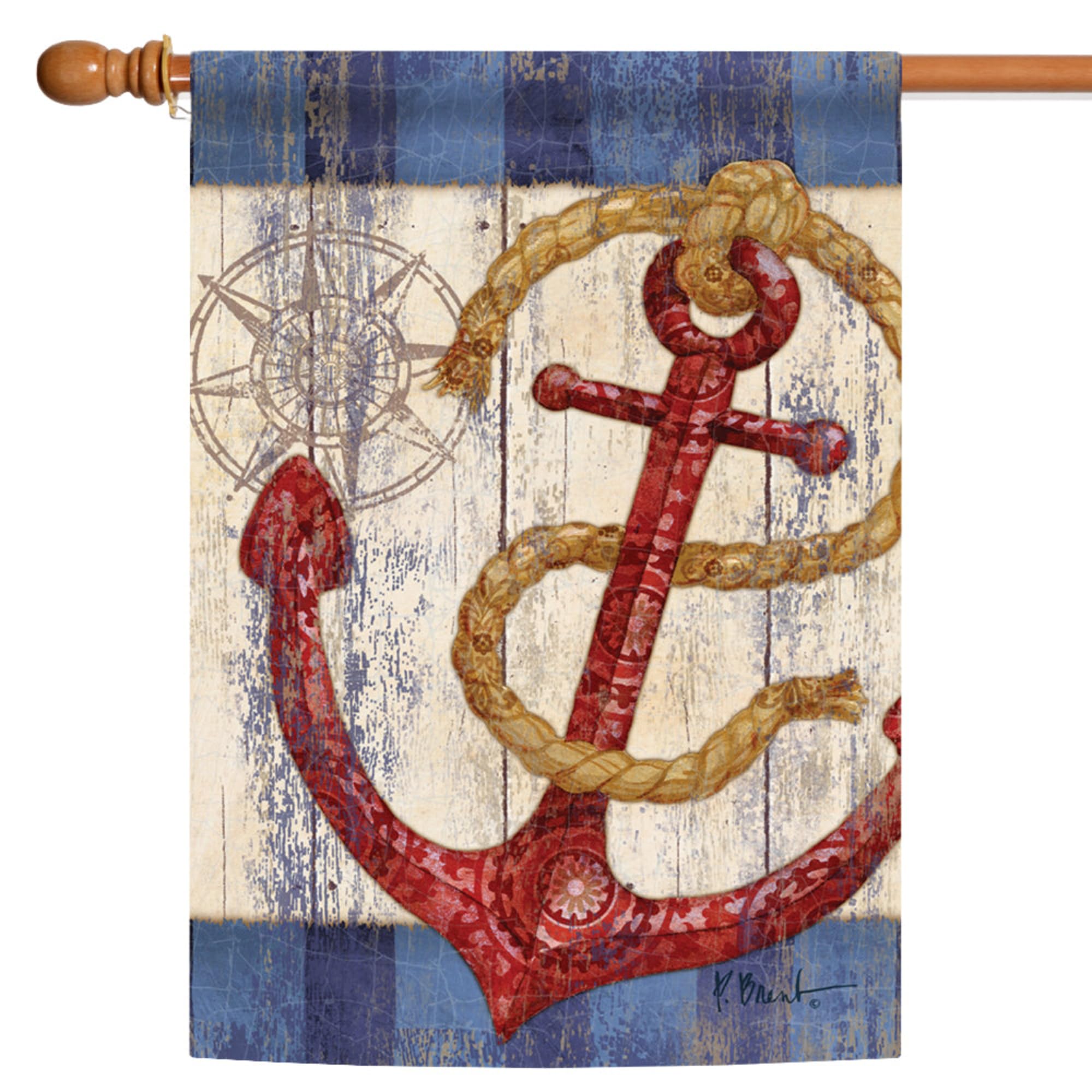 Toland Home Garden 1010001 Rustic Anchor & Compass Boat Flag - 28x40 Inch Double Sided Outdoor Nautical Decoration for Yard, Garden, House, or Ship - Perfect for Coastal, Beach House, and Marine Theme Decor