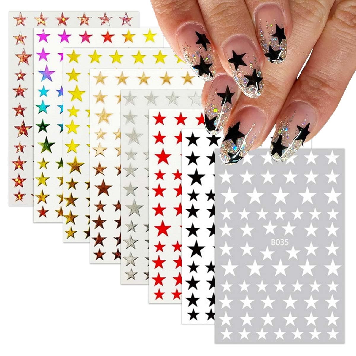 8 Sheets Star Nail Stickers for Nail Art - 8 Color 3D Self-Adhesive Nail Decals (Gold, Silver, Aurora) - Perfect for Manicure Designs, DIY Nail Art & Party Decorations for Women & Girls