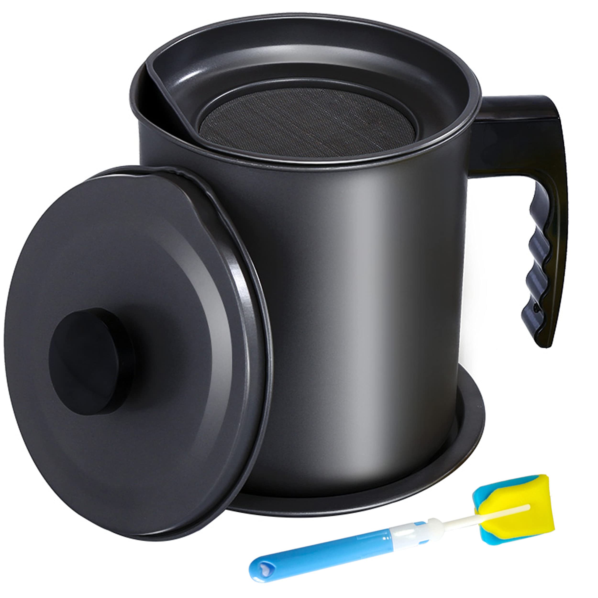 KEOUKE 1.6L/7Cup Bacon Grease Keeper with Strainer & Cleaning Brush - Heavy Duty Iron Grease Container for Cooking Oil Storage, Frying Oil Filter - Perfect for Kitchen, Camping, and Outdoor Cooking
