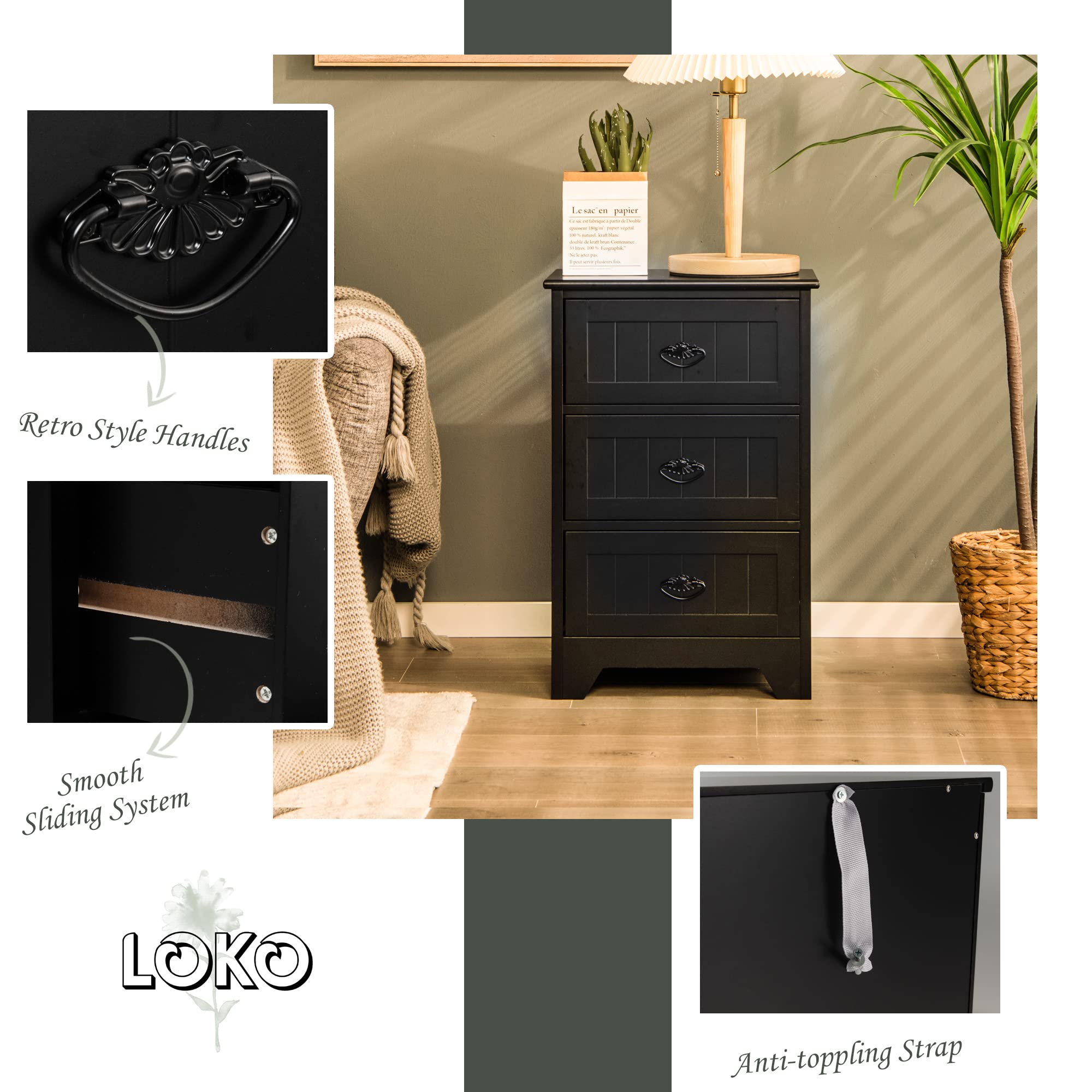 Modern Black Bathroom Storage Cabinet with 3 Drawers & Anti-Tip Strap - Perfect for Small Spaces & Home Organization