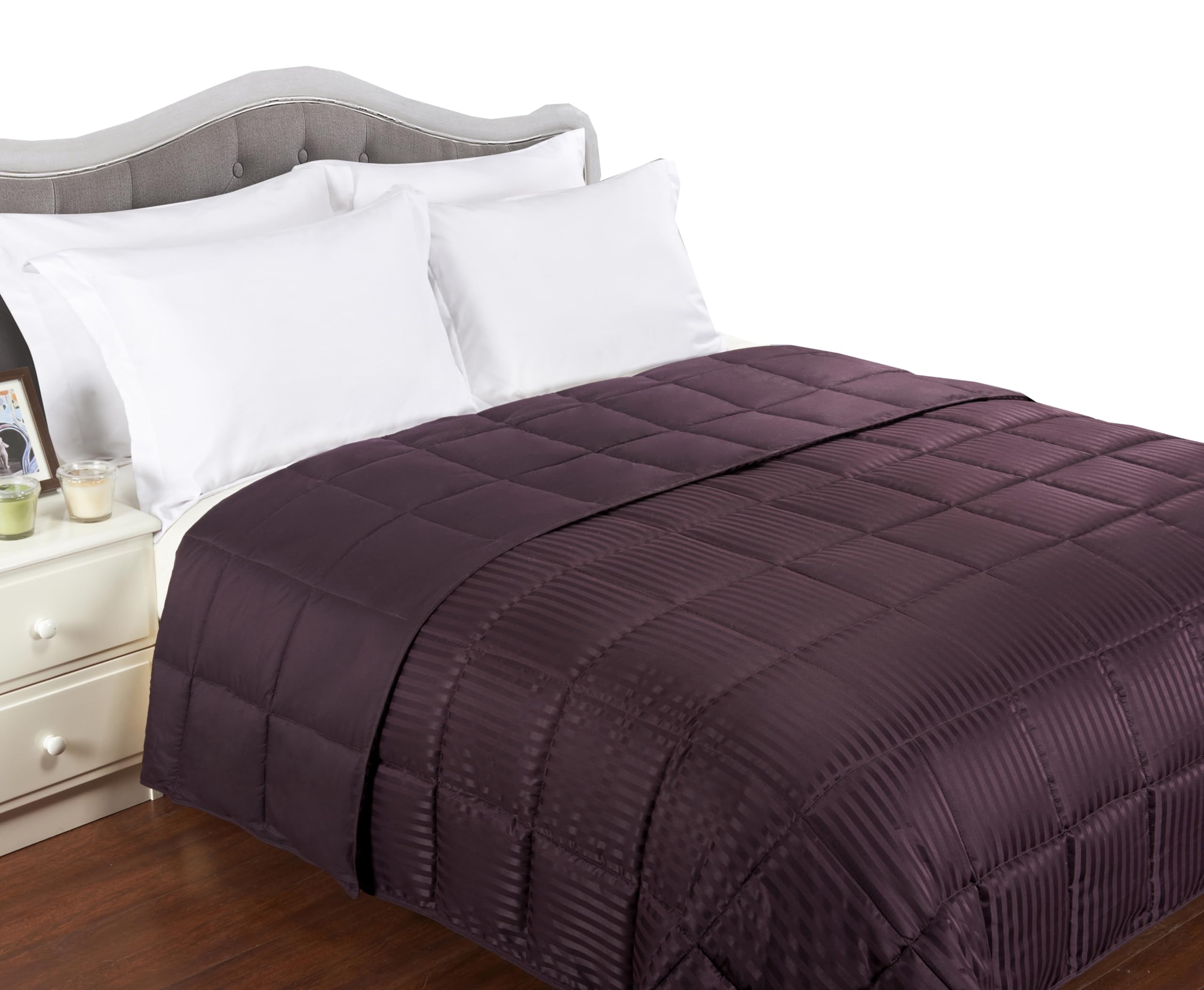 Premium Reversible Down Alternative Blanket - Ultra Soft Oversized King Bed Blanket & Cozy Throw with Silky Striped Cover in Plum - Perfect for Bedroom, Living Room, and Couch Snuggling