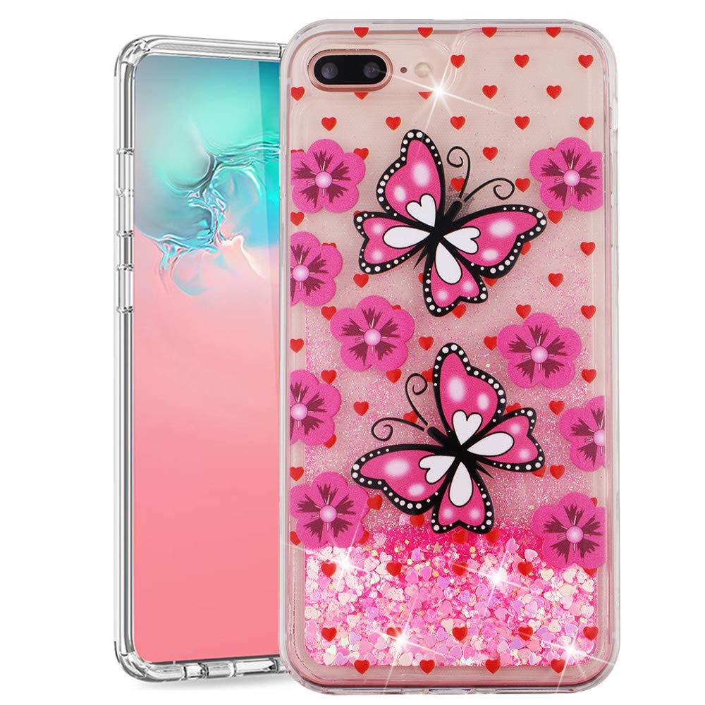 ISADENSER Clear Slim Soft TPU Glitter Case for iPhone 7 Plus/8 Plus - 3D Hearts Quicksand Shiny Liquid Protective Cover (Rose Butterfly XY) | Stylish Design for Everyday Use, Work & Travel