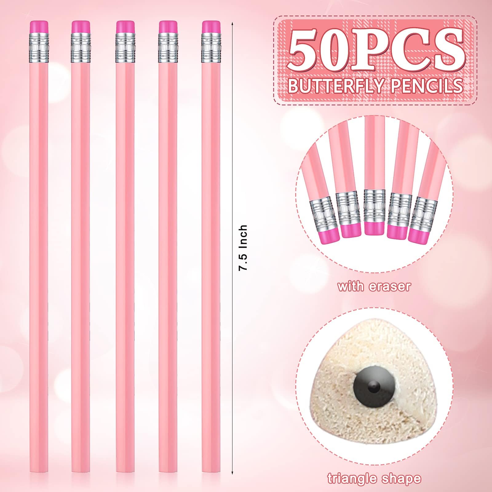 50 Pack Triangular Grip HB Graphite Pencils with Erasers - Wooden Wedding Pencils for Drawing, Sketching, School & Office Supplies (Pink) | Perfect for Bridal Showers, Back to School, Art Class & Gift Giving