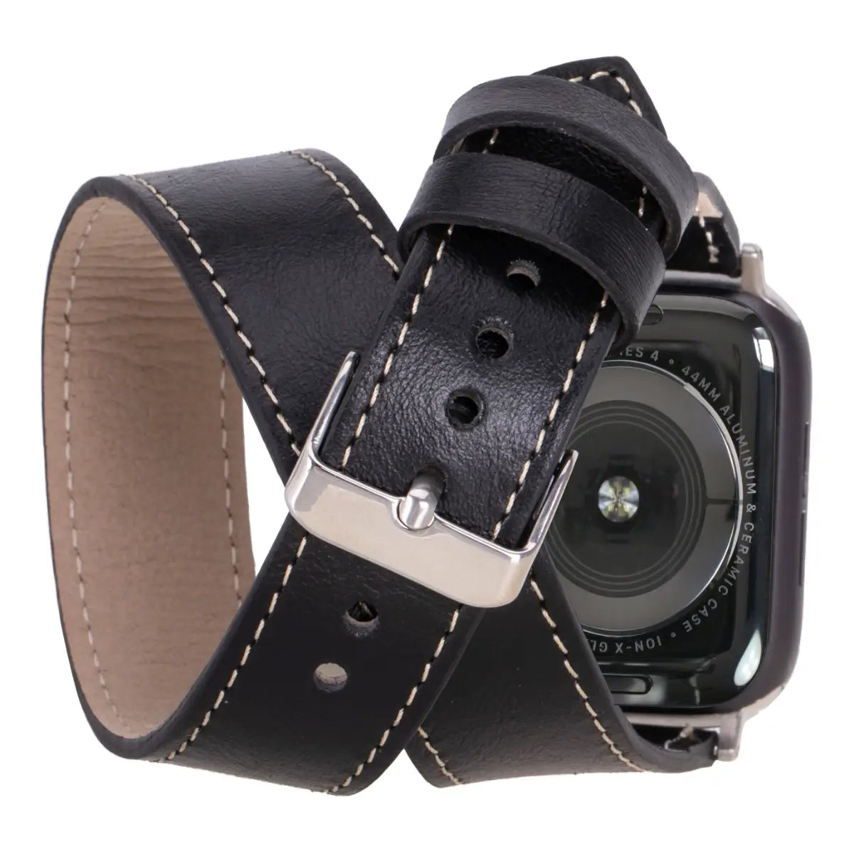 Premium Black Leather Double Tour Strap for Apple Watch - Stylish & Comfortable Replacement Band for Work, Travel & Everyday Wear