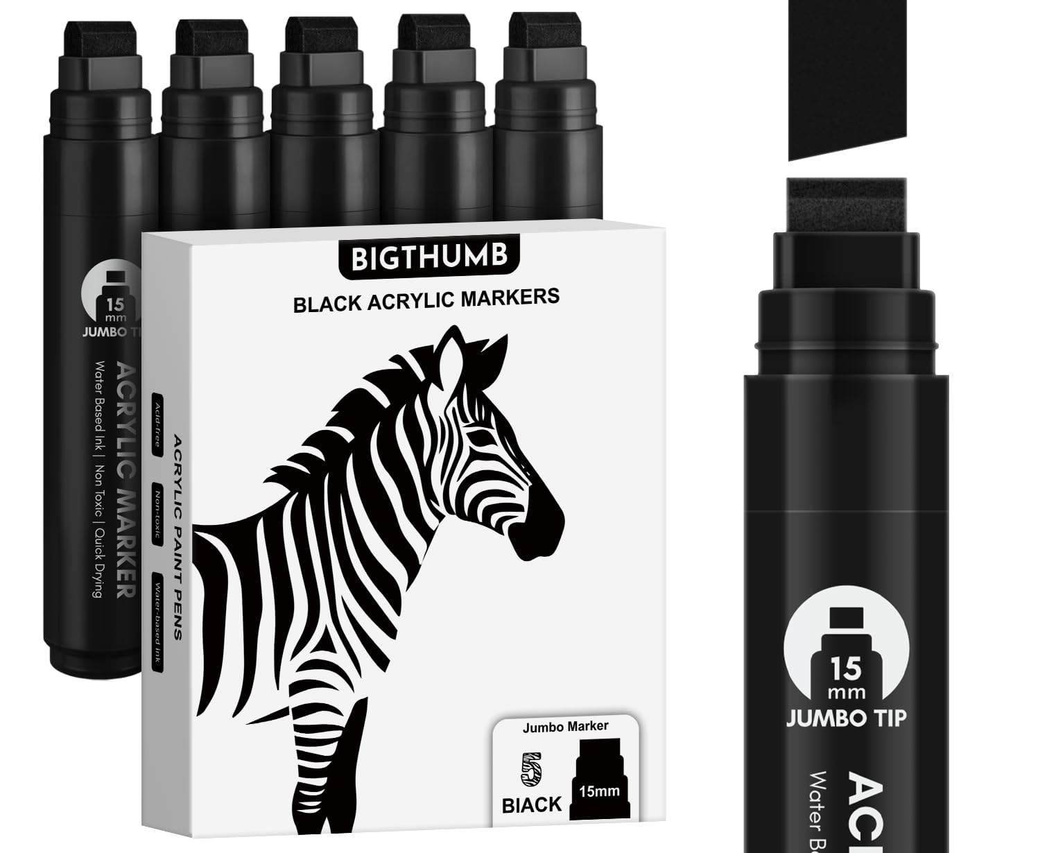 Black Jumbo Poster Markers Set of 5 - 15mm Wide Tip Thick Acrylic Paint Pens for Rock, Stone, Canvas, Glass, Wood & Ceramic - Perfect for DIY Art, Calligraphy, Sign Making & Home Decor Projects