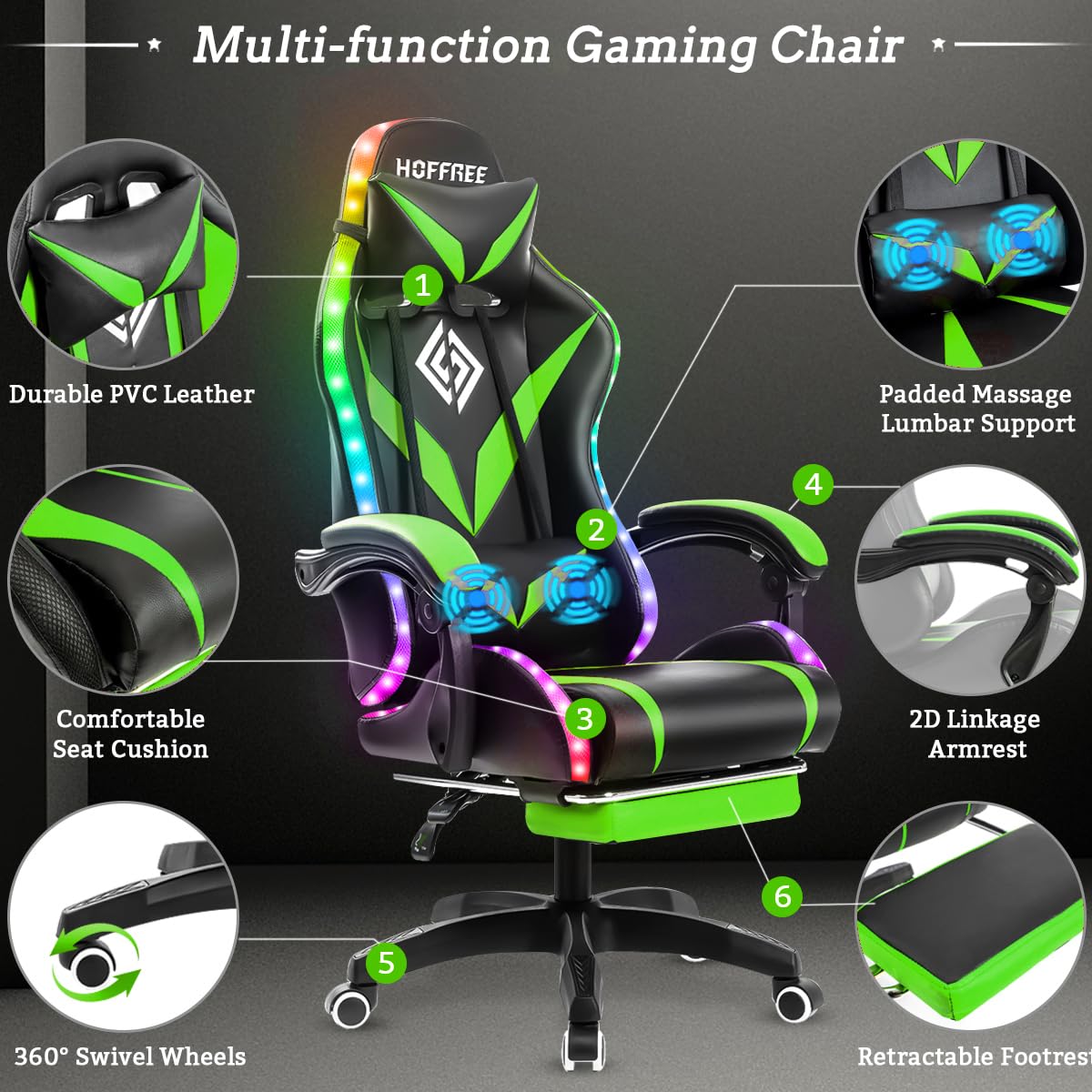 HOFREE Ergonomic Gaming Chair with Massage & LED Lights - High Back Reclining Computer Chair with Adjustable Lumbar Support & Footrest - Green & Black - Perfect for Esports, Streaming & Home Office Setup