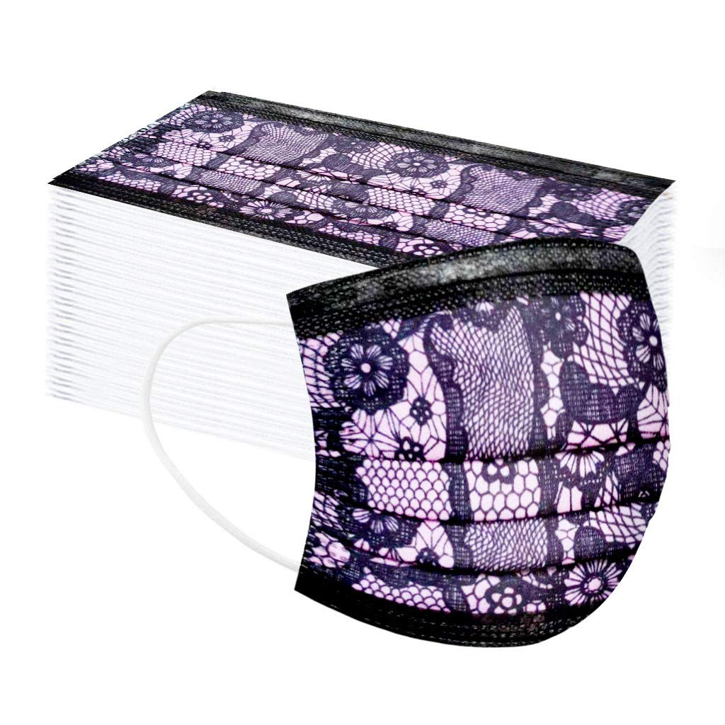 Cookinty 50pcs Disposable Face Masks for Adults - 3-Ply Breathable Adjustable Lace Design, Funny Holiday Face Coverings for Parties, Halloween & Cosplay