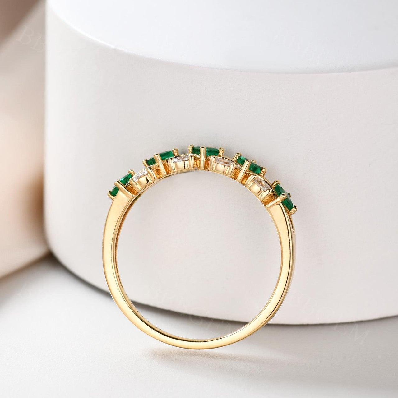 14K Yellow Gold Moissanite & Genuine Emerald Double Row Princess Cut Wedding Band for Women - Elegant Bridal Ring, Anniversary Gift, or Everyday Jewelry