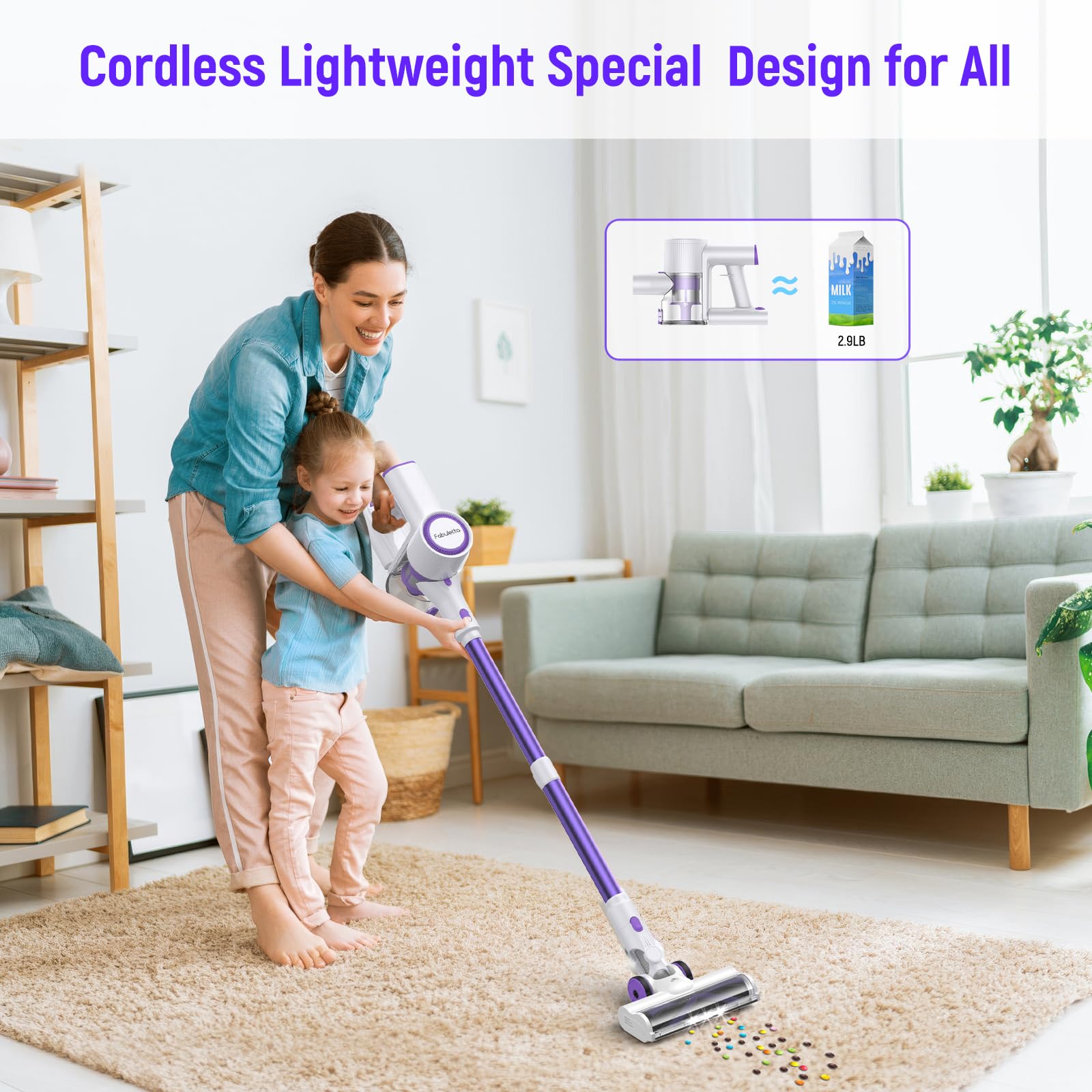 FABULETTA Cordless Vacuum Cleaner - 30Kpa Powerful Suction, 45Min Detachable Battery, 400W Brushless Motor, 6-in-1 Lightweight Stick Vacuum for Hardwood Floors, Carpets & Pet Hair - Perfect for Home Cleaning (Purple) | Ideal for Quick Cleanups, Pet Owners & Allergy Sufferers